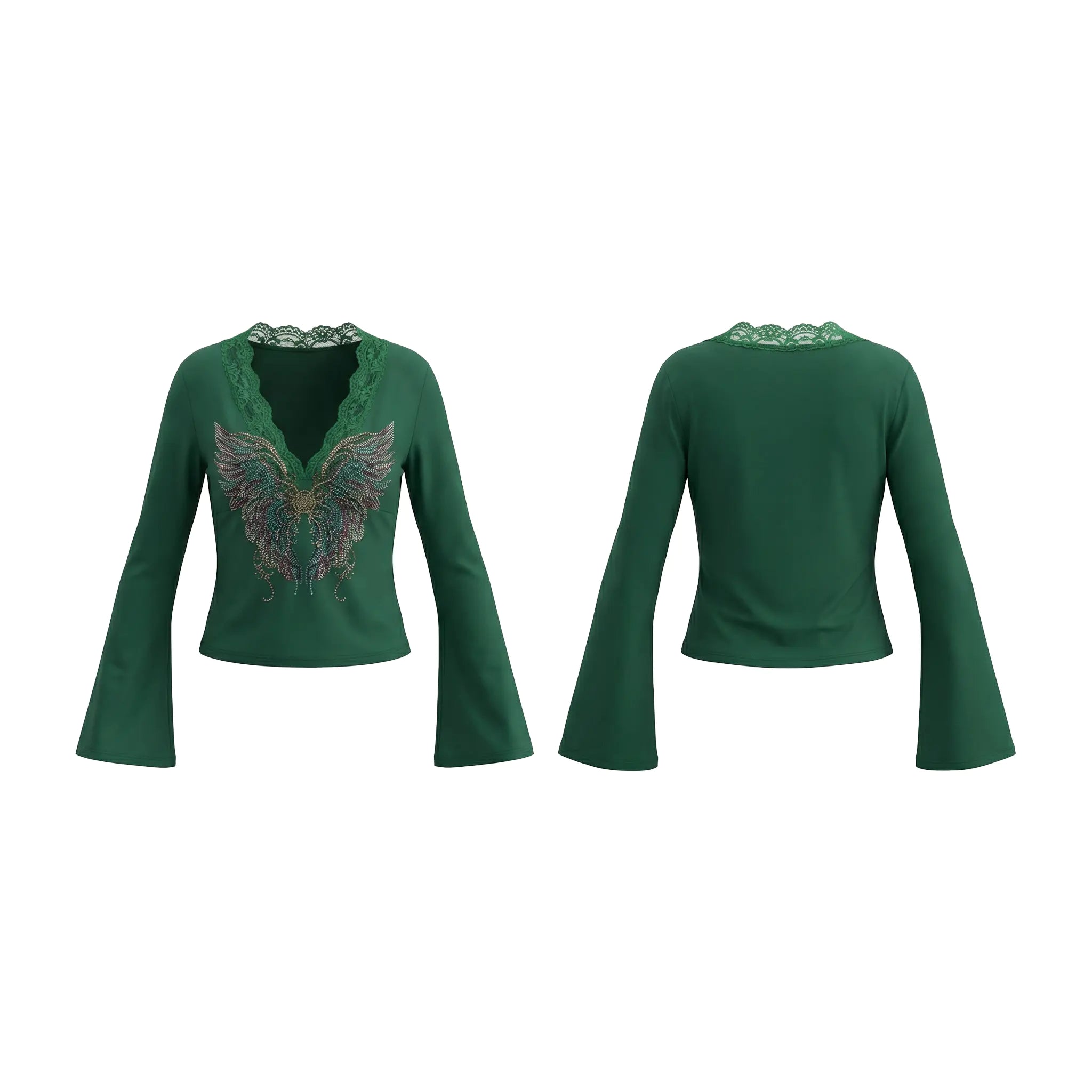 Green long-sleeve top with decorative front panel on a white background, TCH Green Lace Trim V-Neck Rhinestone Wing Long Sleeve Top