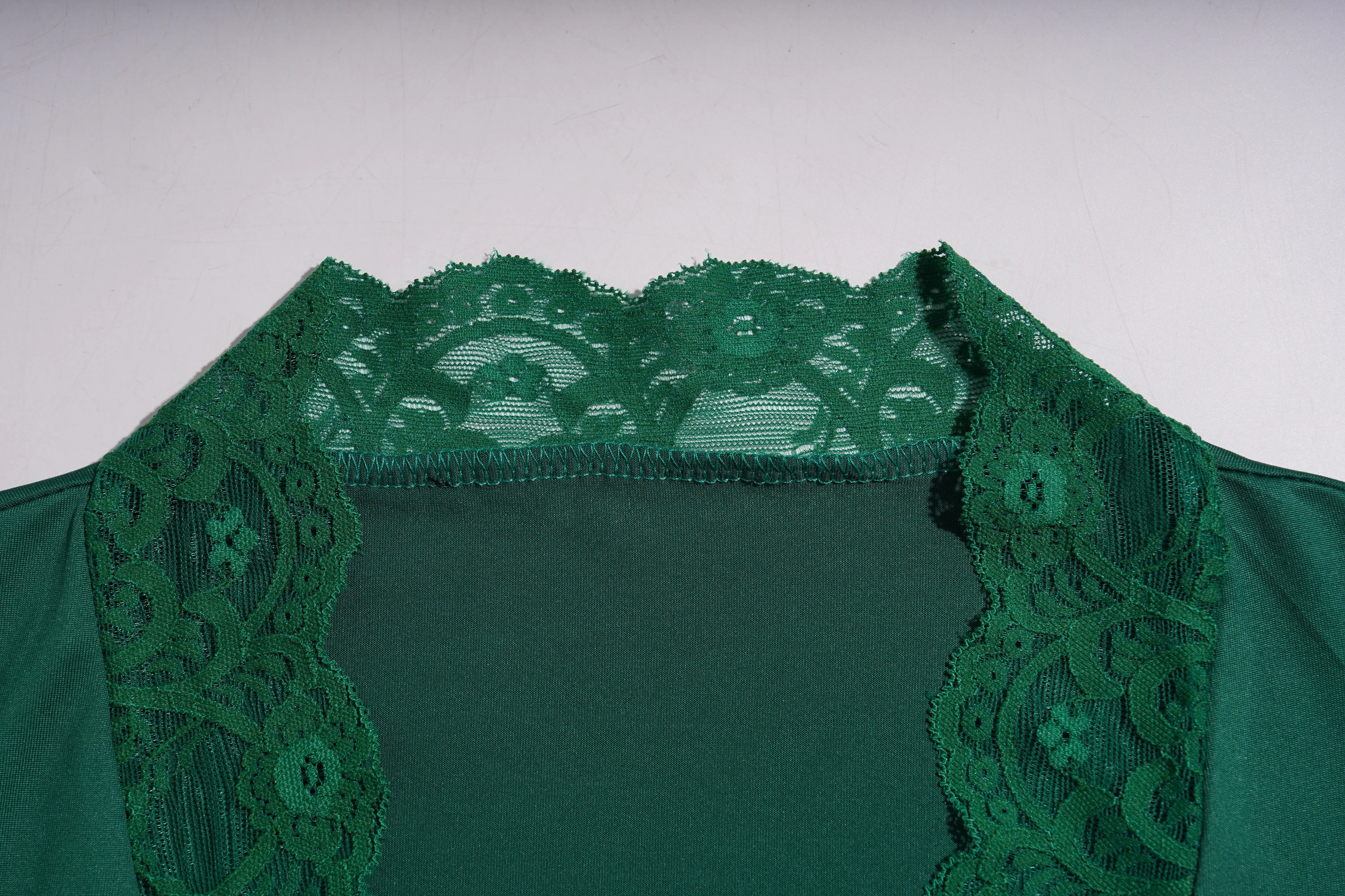 Green lace collar on a plain background, TCH Green Lace Trim V-Neck Rhinestone Wing Long Sleeve Top