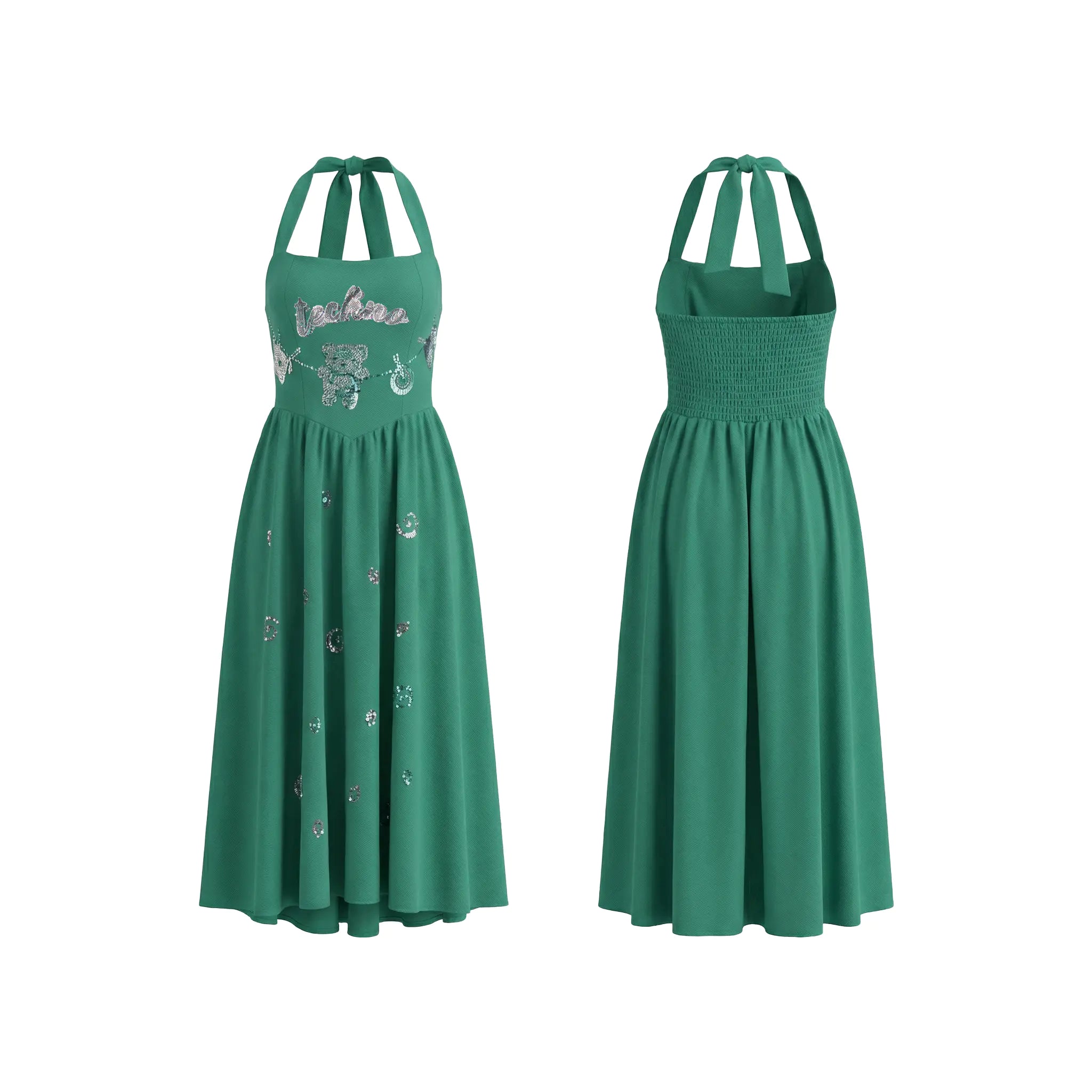 Two green dresses with halter necks on a white background, TCH Green Rhinestone Teddy Laundry Story Dress