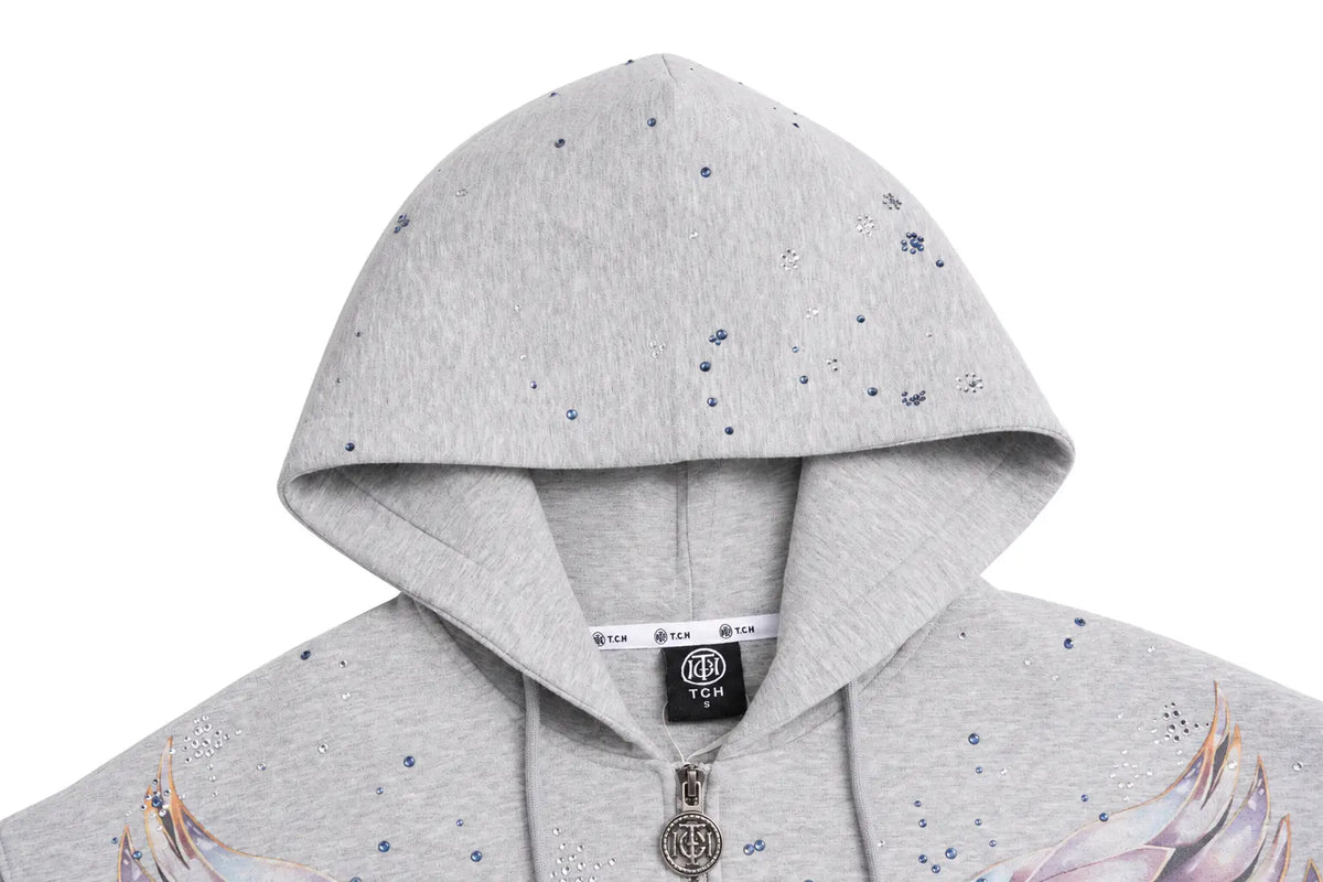 TCH Grey Angel Wing Zip Up Hoodie Luxury Streetwear Brand Official Showcase