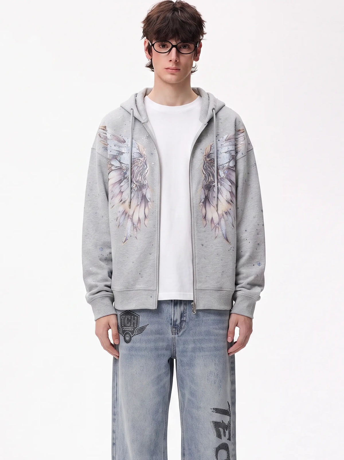 TCH Grey Angel Wing Zip Up Hoodie Luxury Streetwear Brand Official Showcase