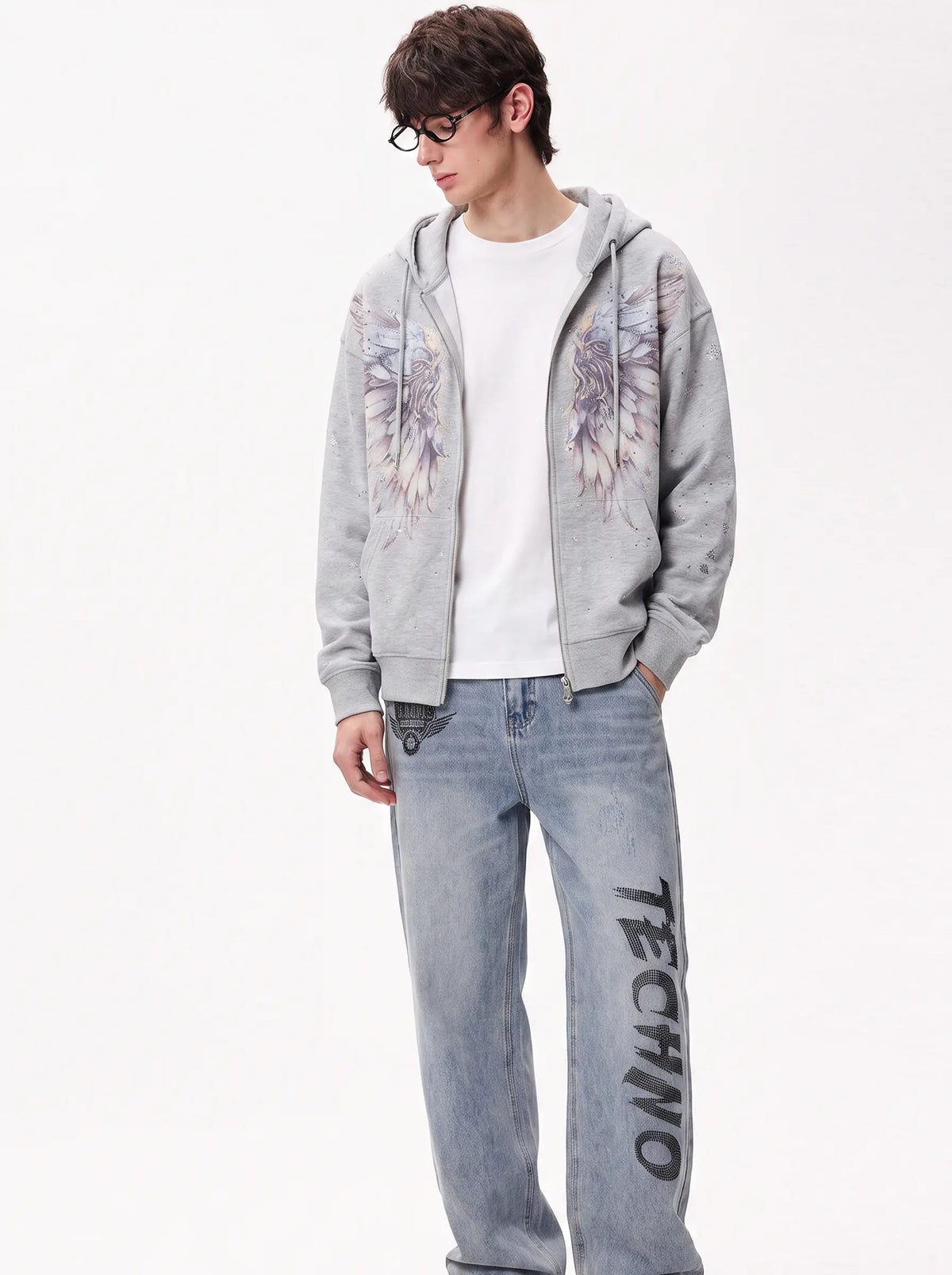TCH Grey Angel Wing Zip Up Hoodie Luxury Streetwear Brand Official Showcase