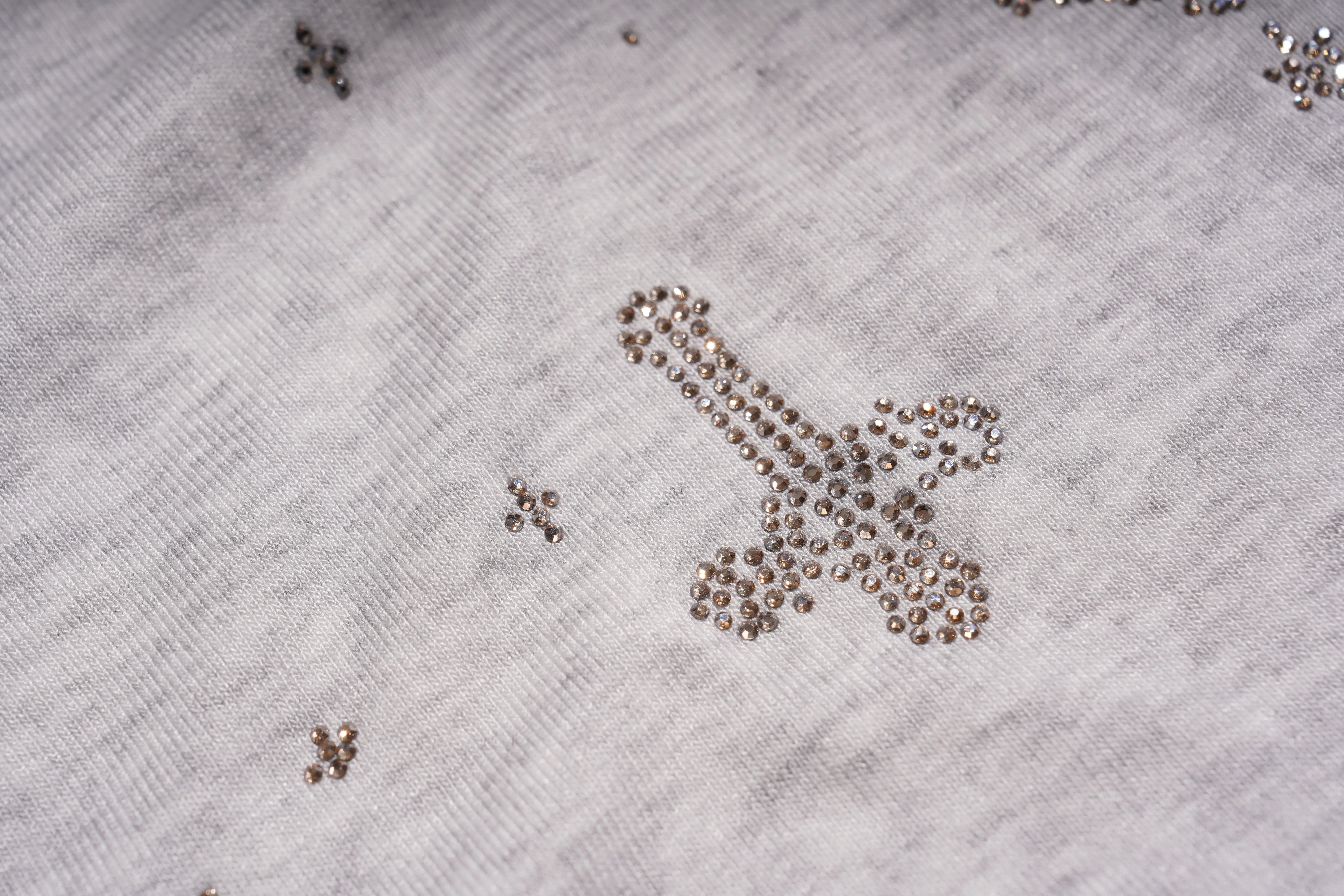 Small rhinestone dog figurine on a textured fabric background, TCH Grey Rhinestone Butterfly Pajama Set