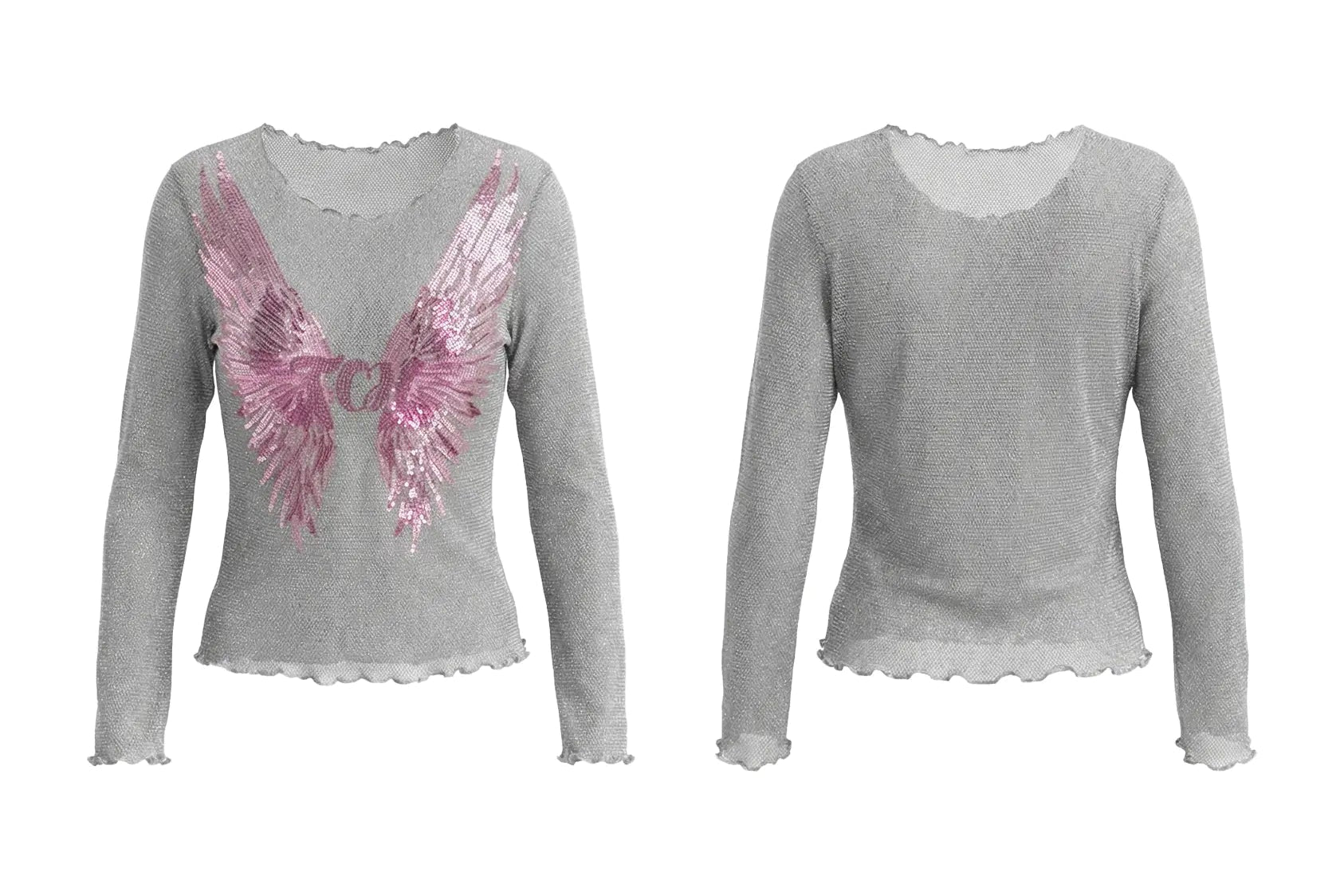 Two gray long-sleeve shirts with pink angel wings design on a white background, TCH Grey Rhinestone Purple Wings Long Sleeve Top