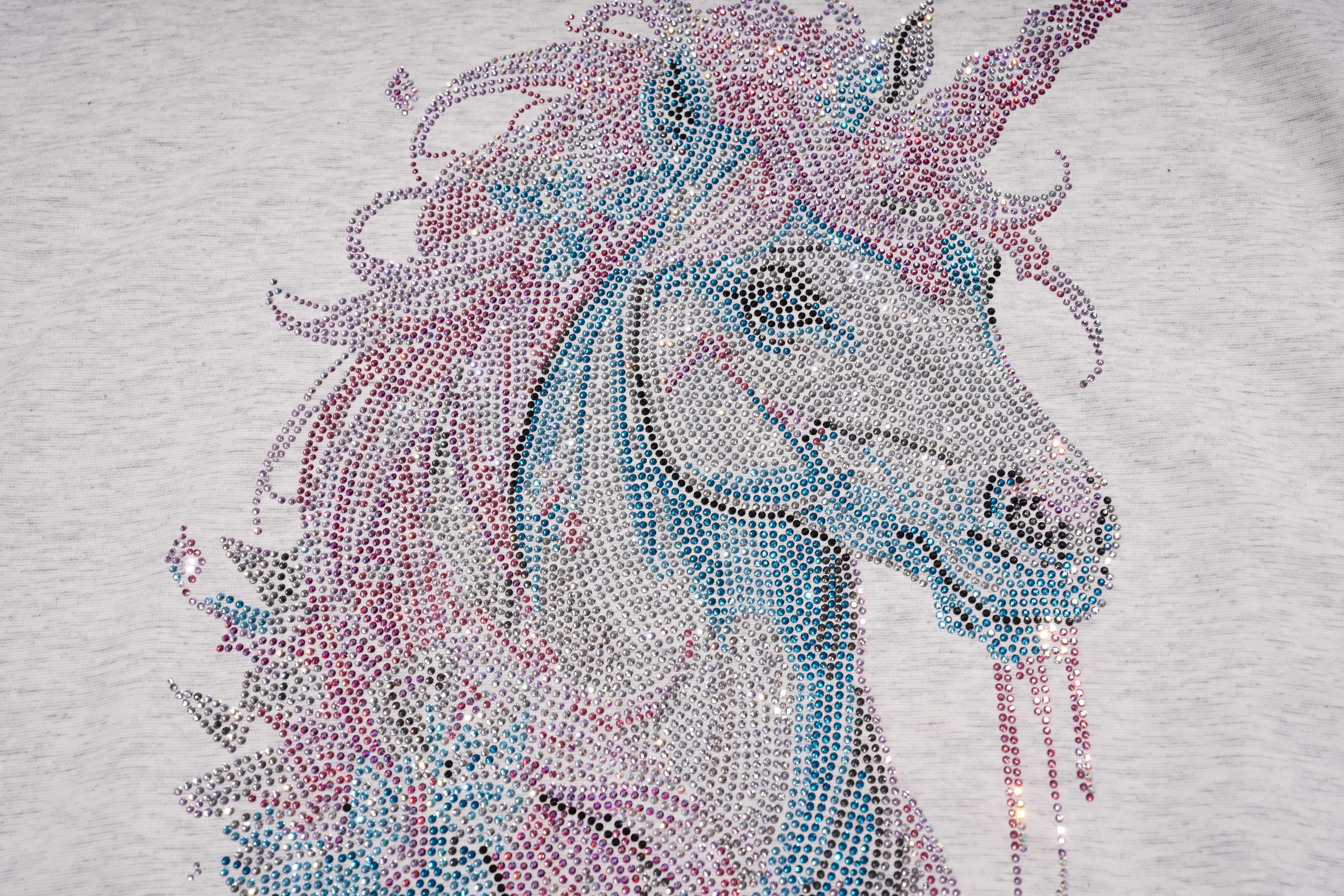 Unicorn design made of colorful rhinestones on a gray background, TCH Grey Rhinestone Unicorn Graphic T-Shirt
