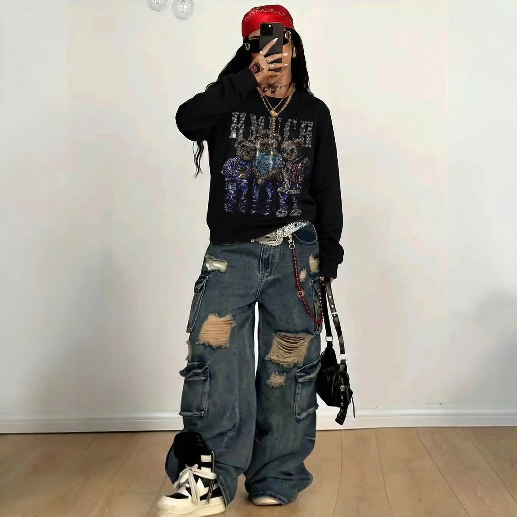TCH HMUCH Rhinestone Triple Bear Sweatshirt Luxury Streetwear Brand Official Showcase