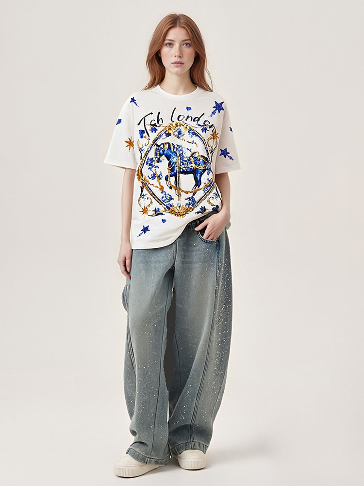 tch horse rhinestone cotton sparkling t-shirt white HighEnd Luxury Streetwear Brand Official Showcase