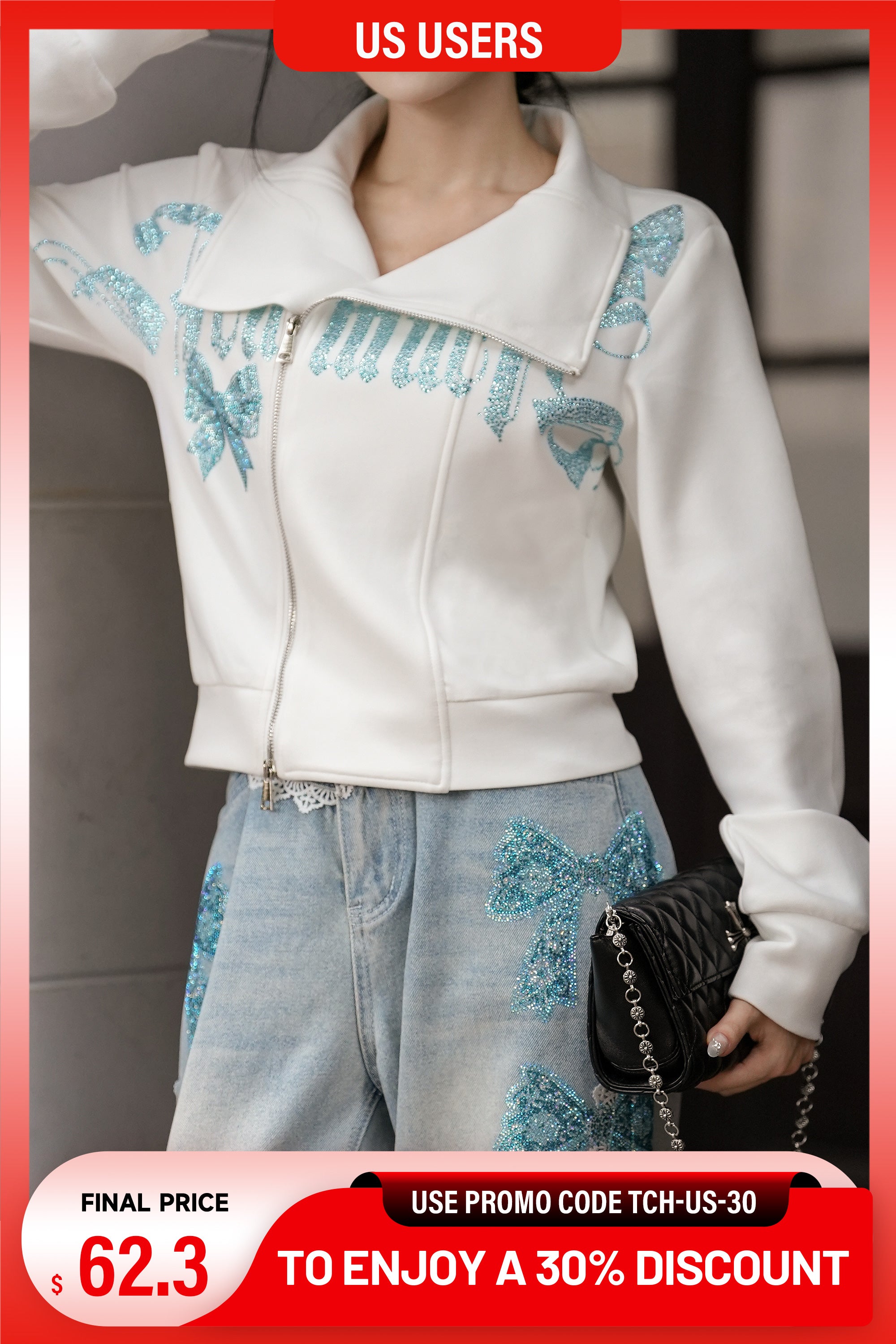 White pants with floral embroidery on a white background, TCH Ice Blue Rhinestone Bow Zip-Up Jacket