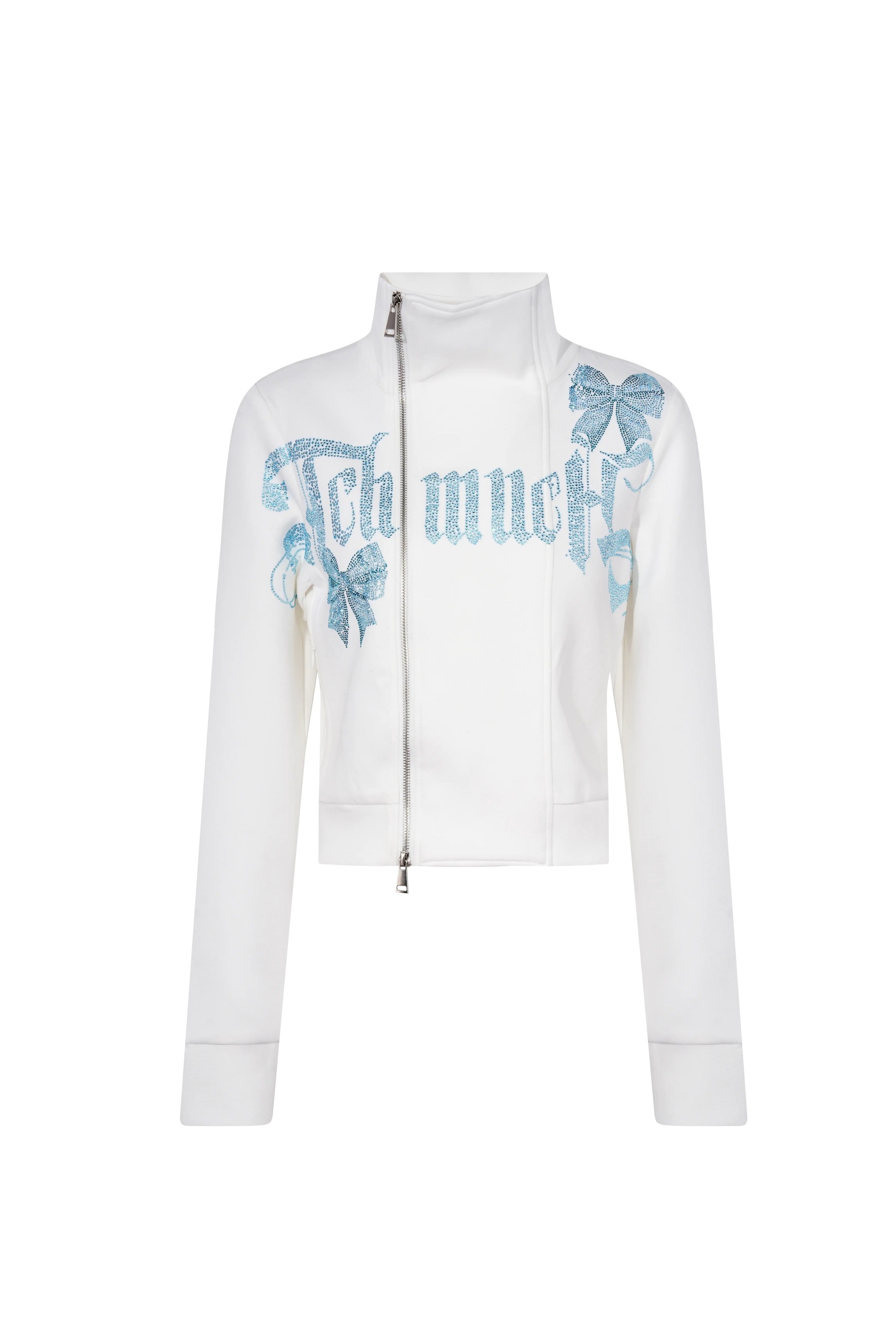 White jacket with blue text and designs on a white background, TCH Ice Blue Rhinestone Bow Zip-Up Jacket