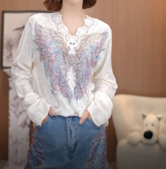 tch jacquard rhinestone lace contrast sweaters white HighEnd Luxury Streetwear Brand Official Showcase