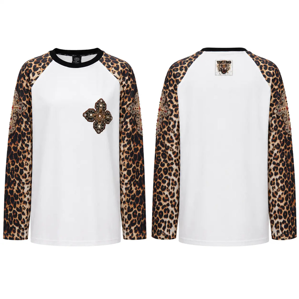 Front and back views of a long-sleeve raglan shirt. The body is white, with leopard print sleeves and a matching leopard print cross motif on the front chest, plus a small leopard head patch on the back neck. TCH Leopard Print Sleeve Embellished Cross Raglan Long Sleeve T-Shirt