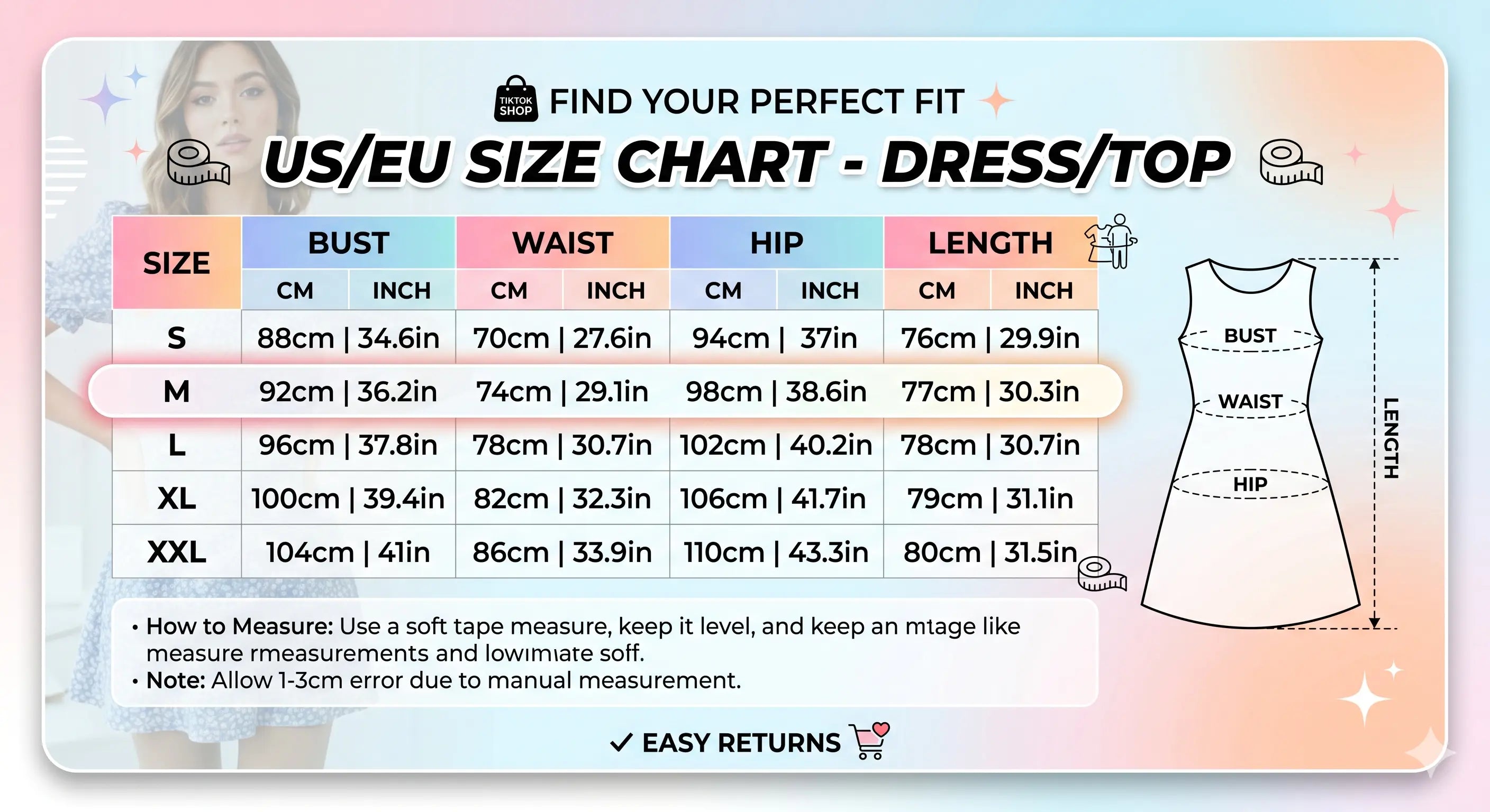 Dress/top size chart with measurements for US/EU sizes on a colorful background, TCH Leopard Rhinestone Sleeveless Polo Shirt