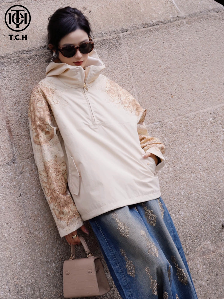 tch lion rhinestone windbreaker jacket khaki1 HighEnd Luxury Streetwear Brand Official Showcase