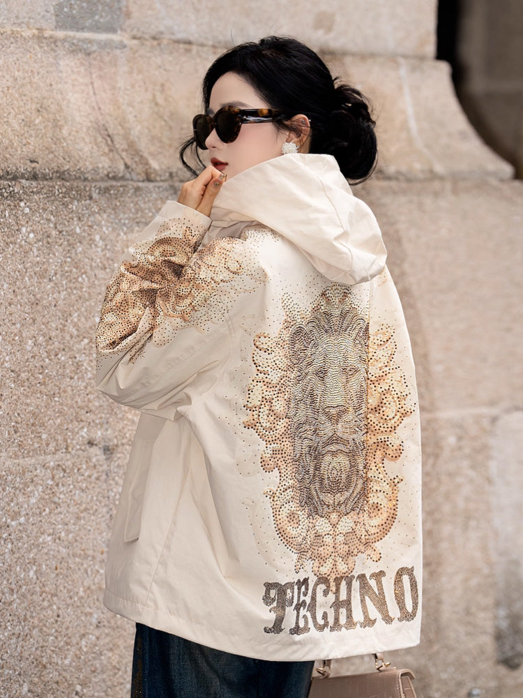 tch lion rhinestone windbreaker jacket khaki1 HighEnd Luxury Streetwear Brand Official Showcase