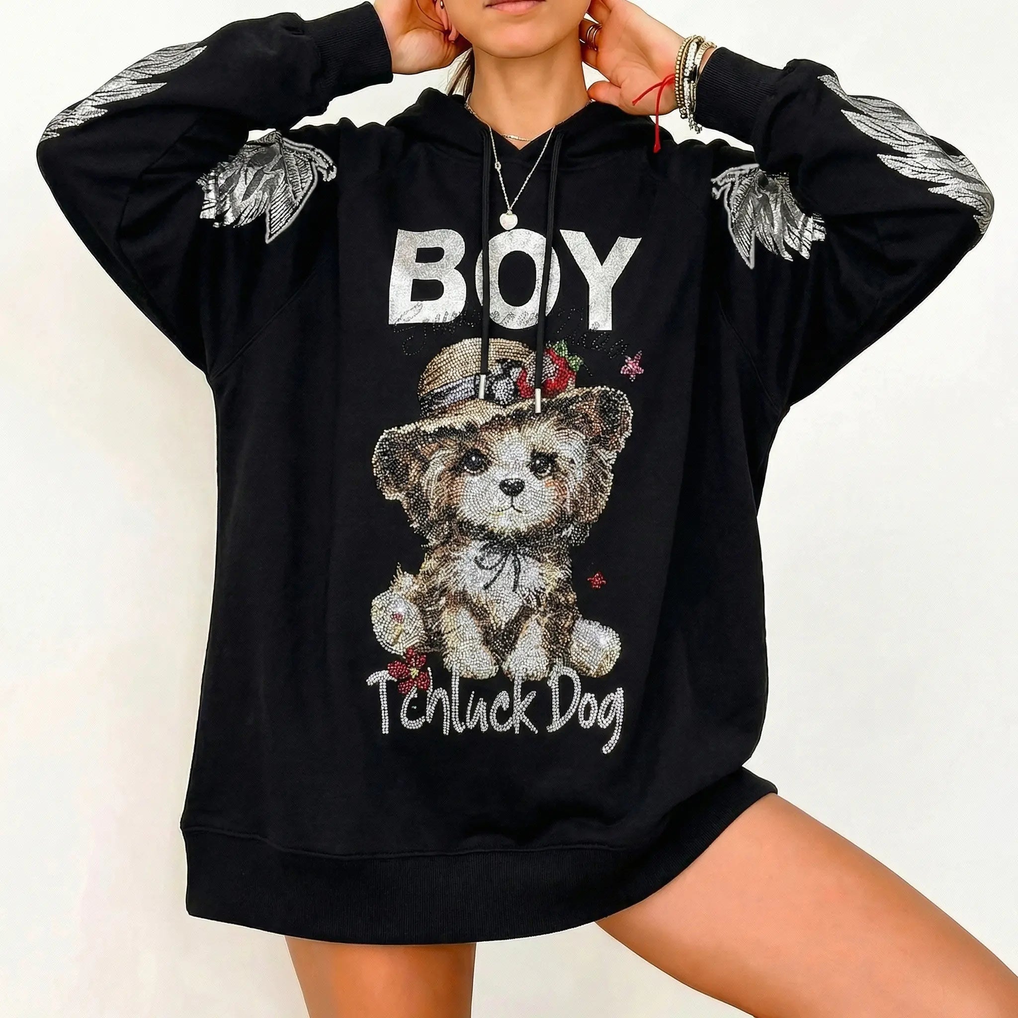 Black hoodie with teddy bear graphic and 'BOY' text on a white background, TCH Luck Dog Rhinestone Hooded Sweatshirt