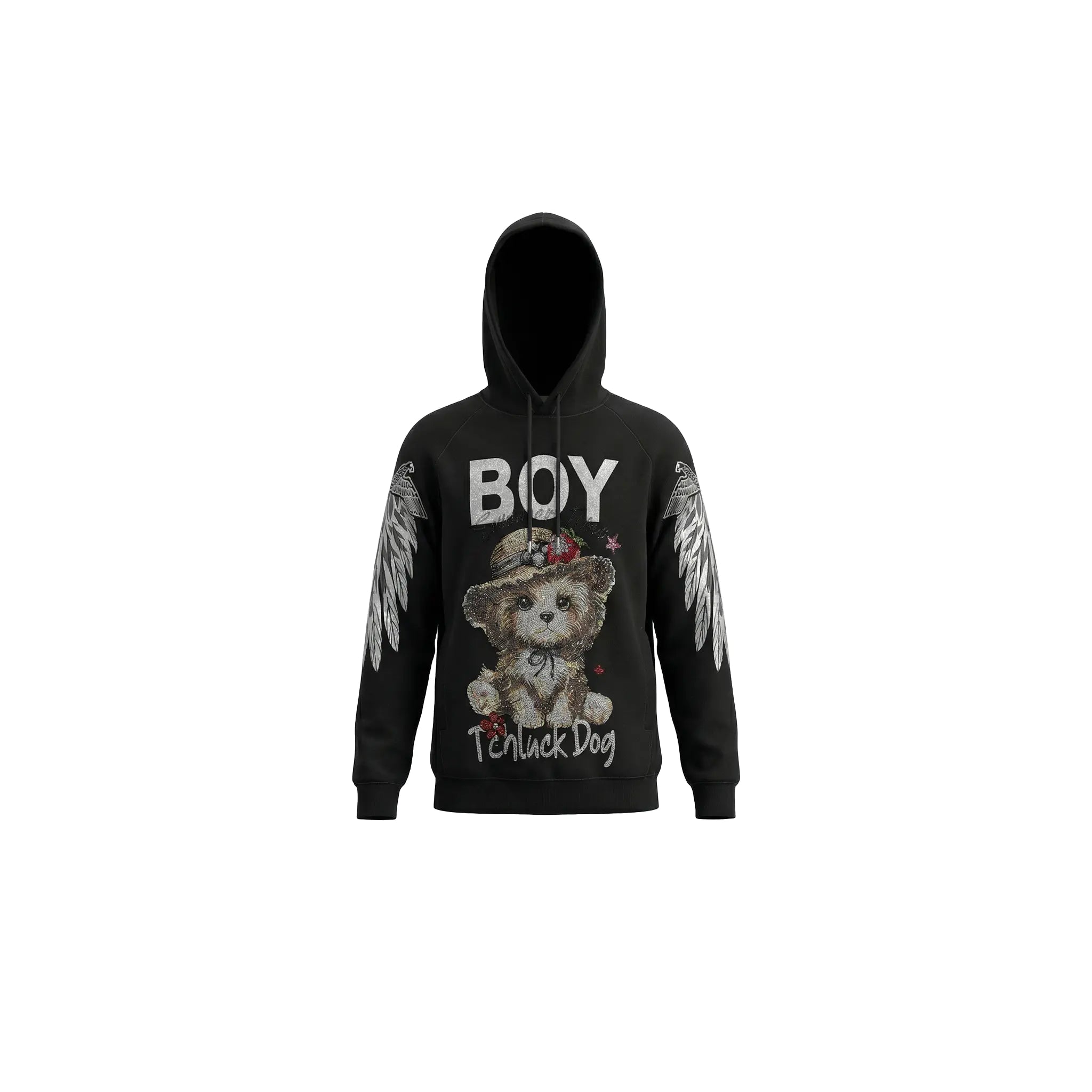 Black hoodie with a teddy bear graphic and 'BOY' text on a white background TCH Luck Dog Rhinestone Hooded Sweatshirt
