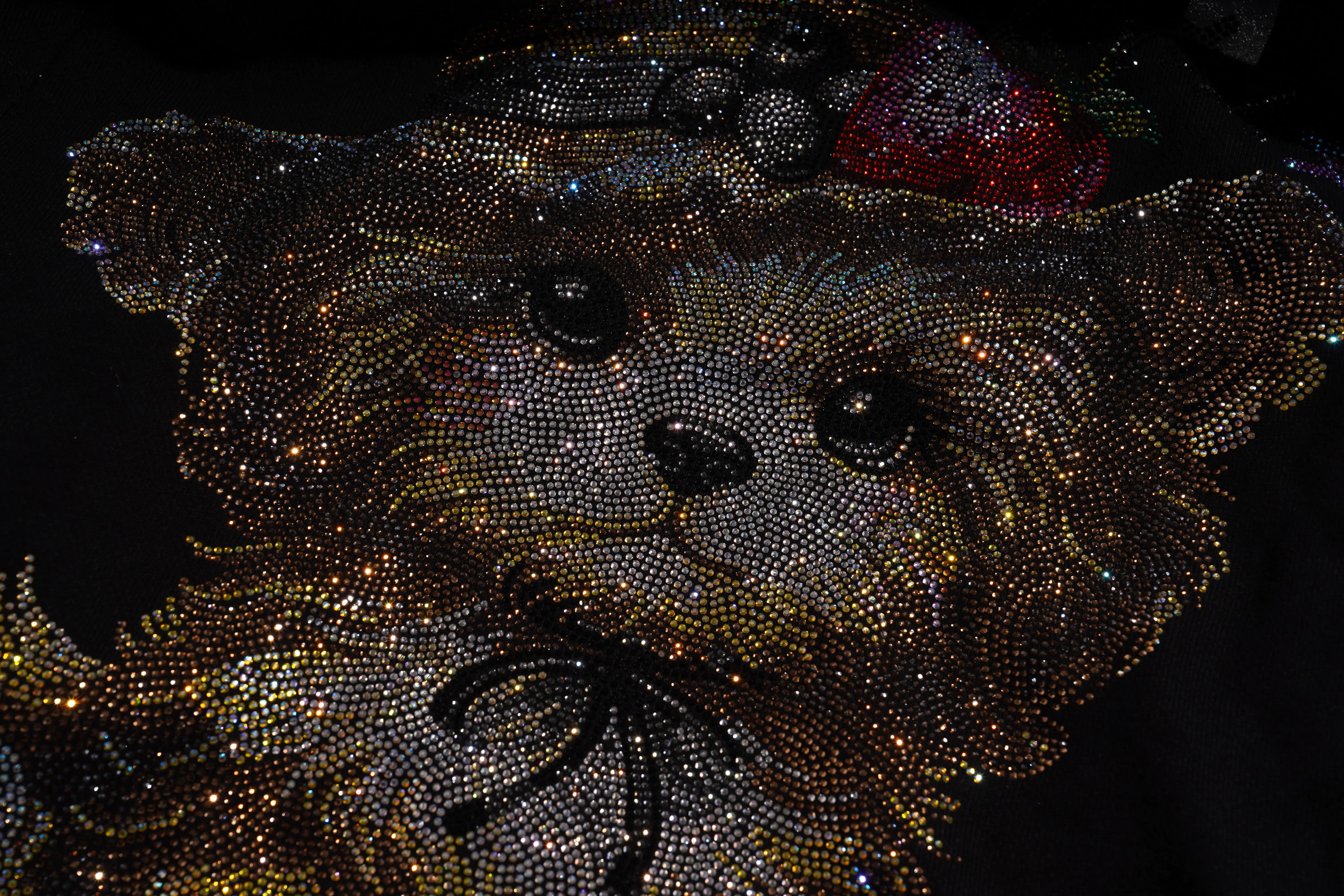 Teddy bear-shaped object made of beaded material on a dark background, TCH Luck Dog Rhinestone Hooded Sweatshirt