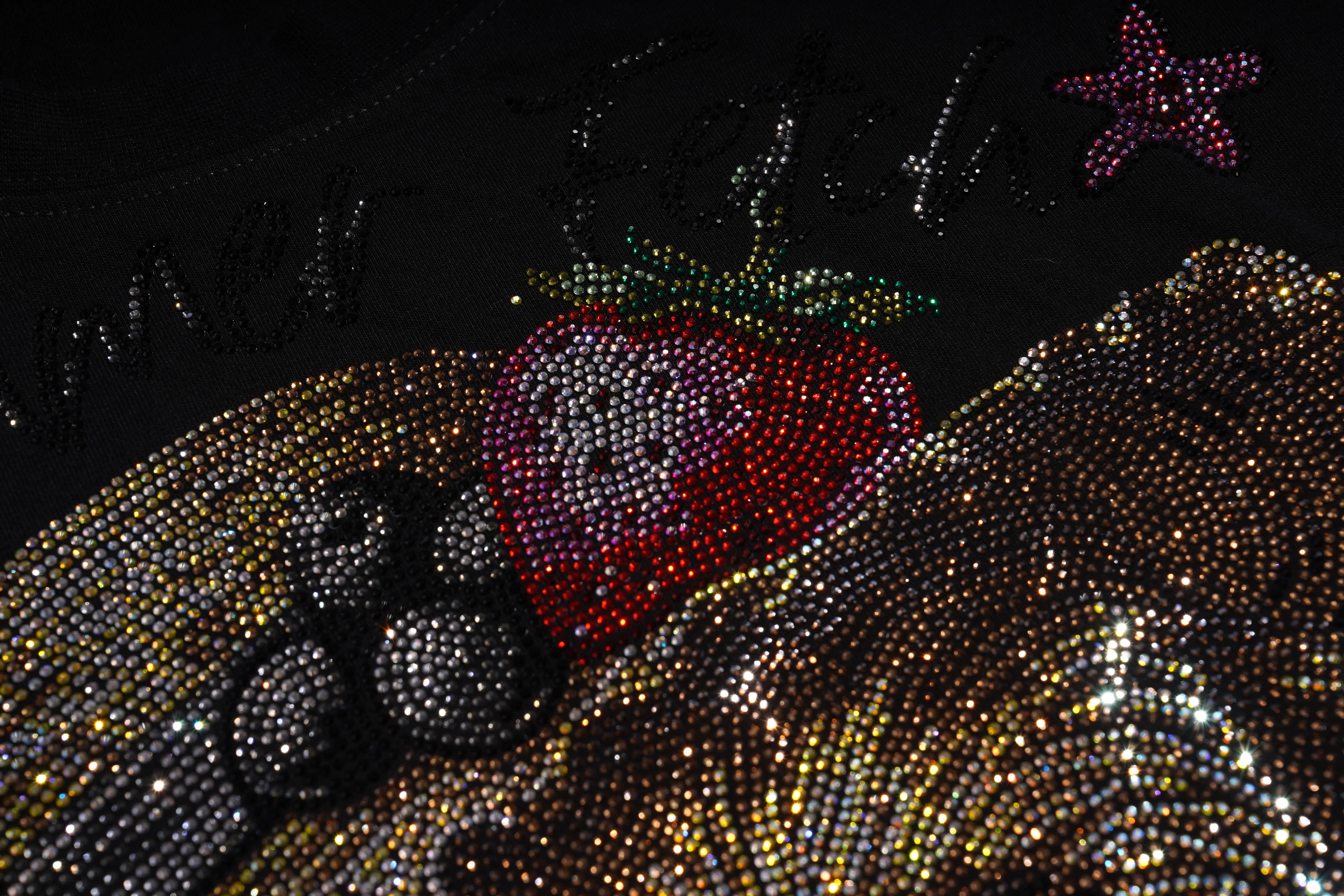 Decorative fabric with rhinestones in a heart shape and star pattern on a dark background, TCH Luck Dog Rhinestone T-Shirt