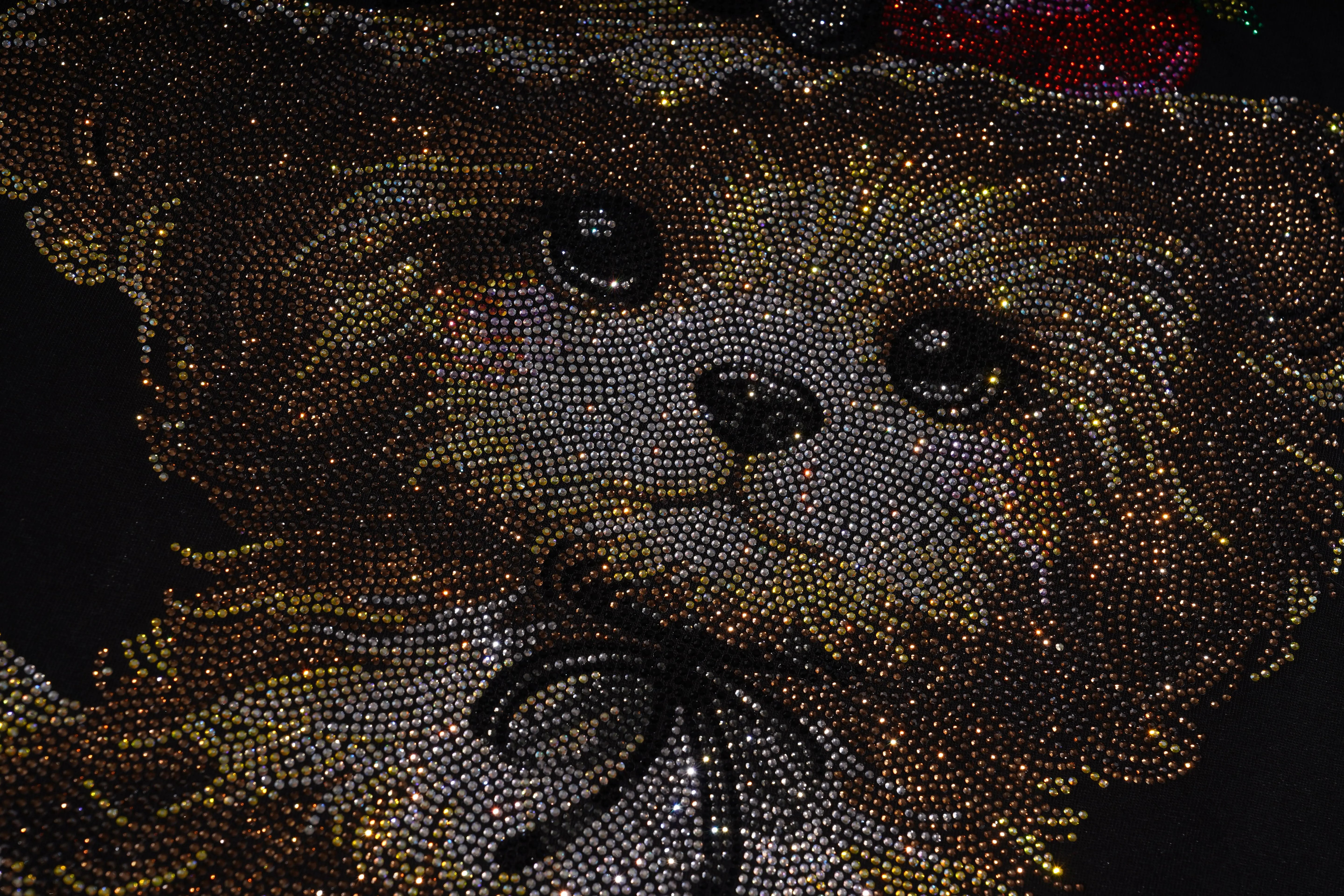 Dog-shaped object made of small beads or stones on a dark background, TCH Luck Dog Rhinestone T-Shirt