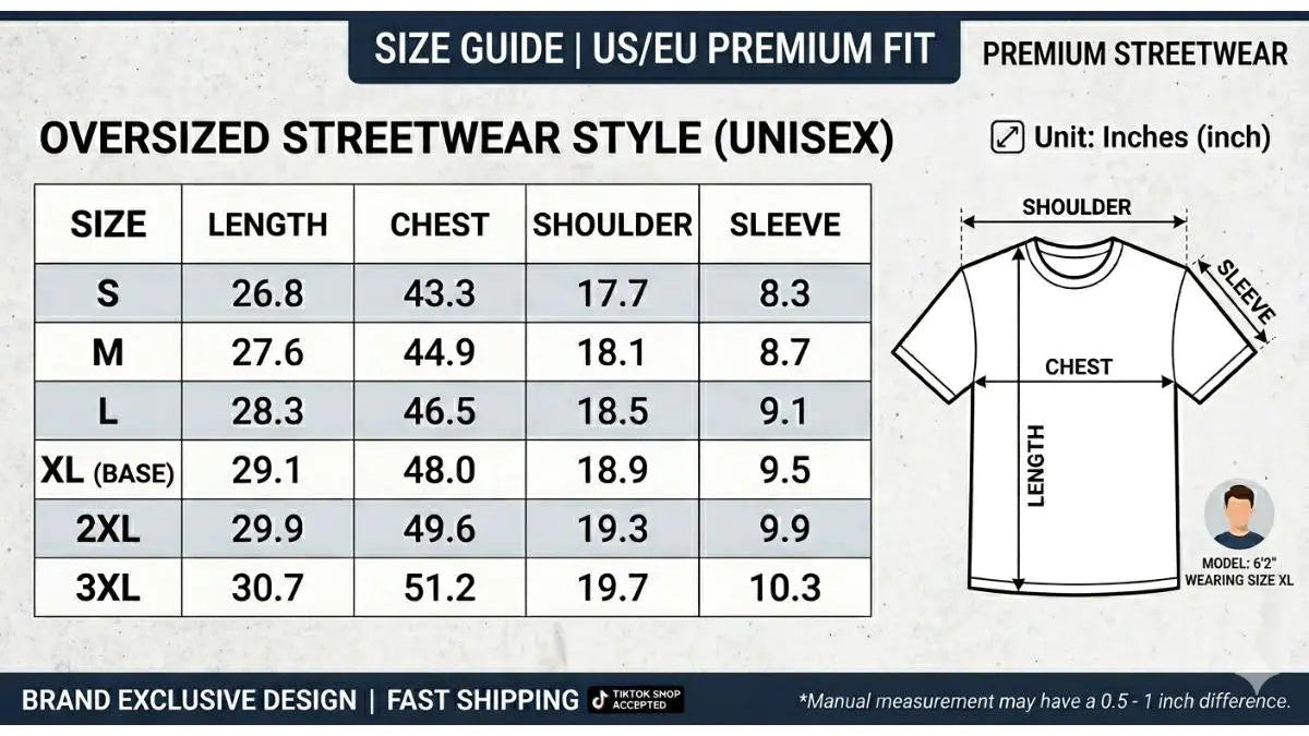 Size guide for oversized streetwear style t-shirt with measurements in inches. TCH Luck Dog Rhinestone T-Shirt