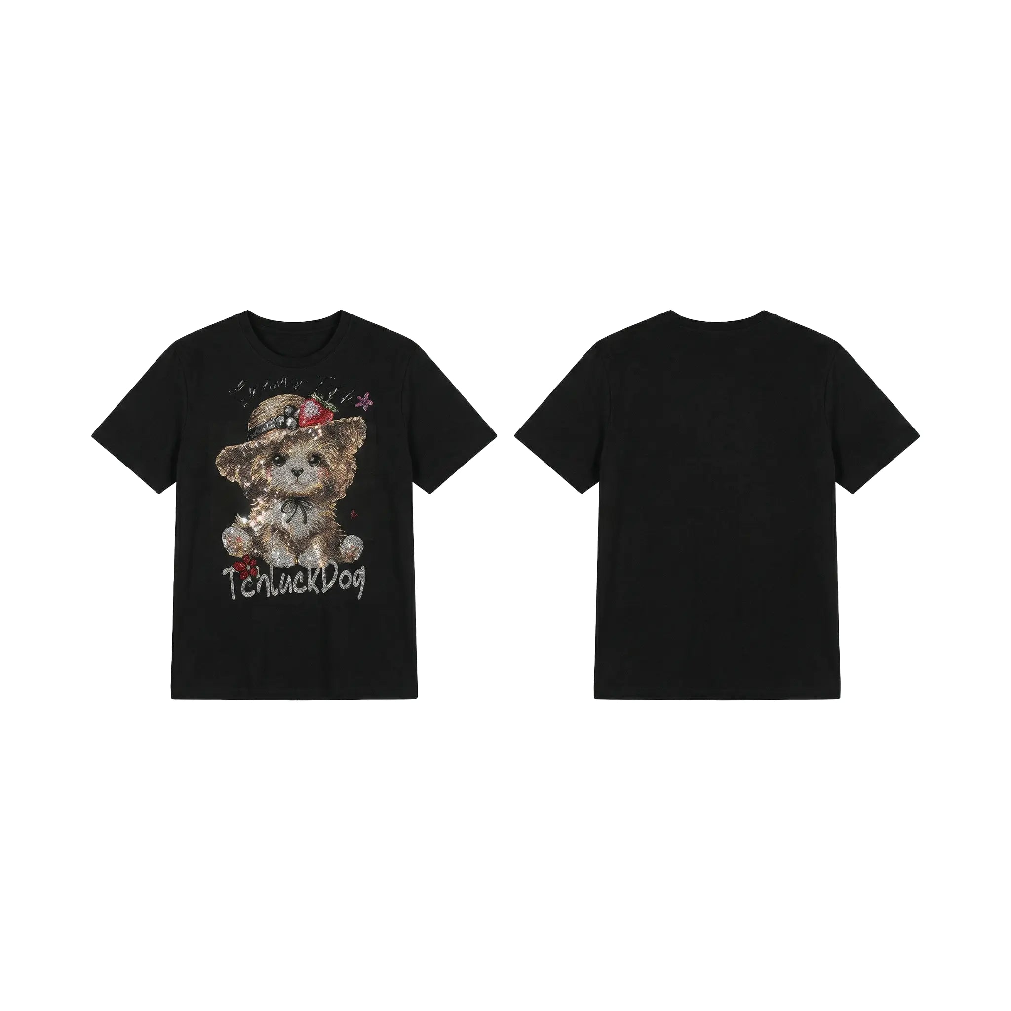 Black t-shirt with teddy bear graphic and 'TealuckDog' text on a white background, TCH Luck Dog Rhinestone T-Shirt