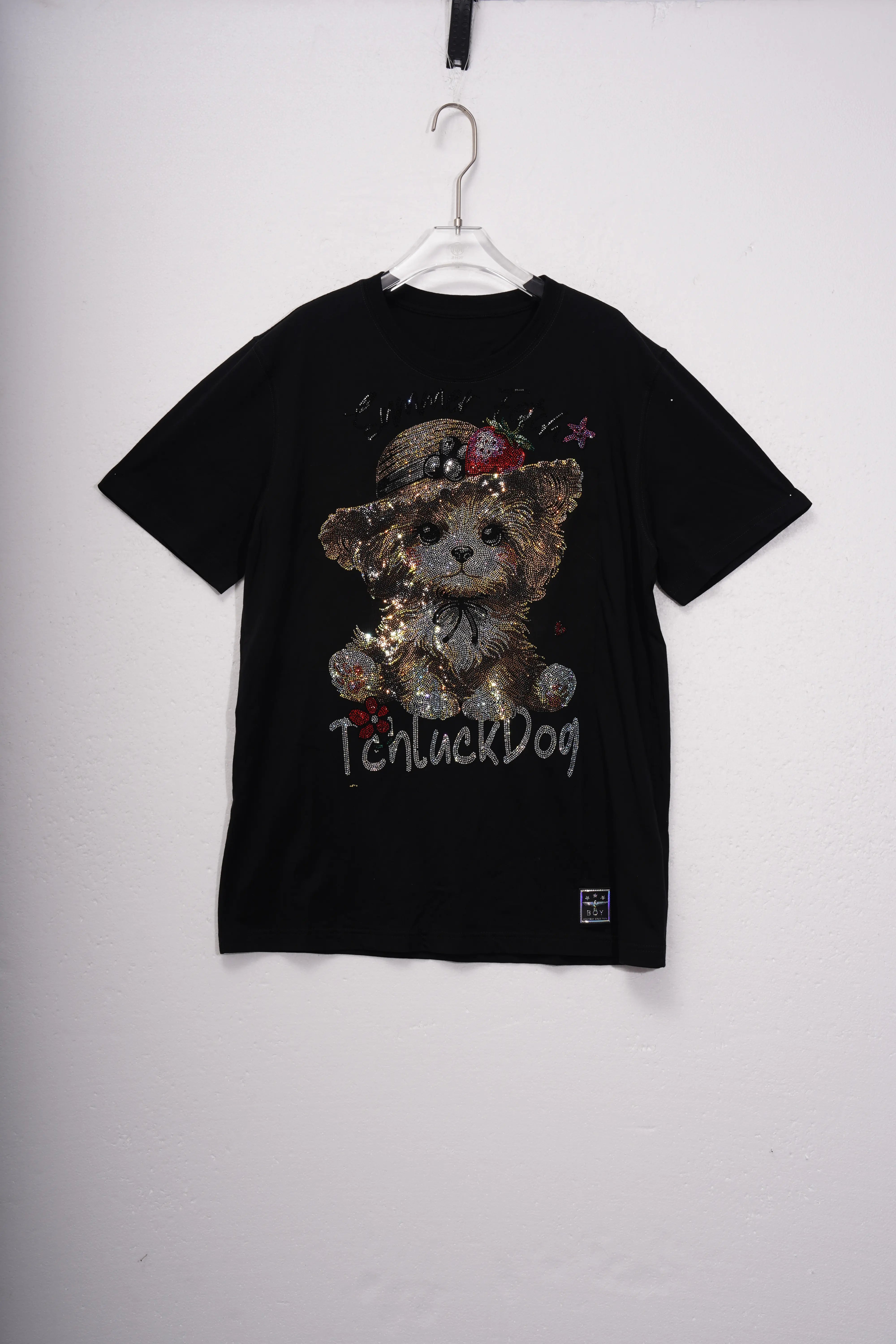Black t-shirt with teddy bear graphic and 'TenluckDog' text on a white background, TCH Luck Dog Rhinestone T-Shirt