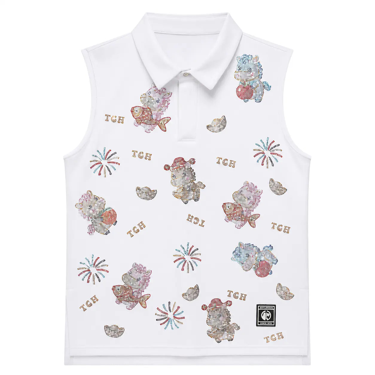 White sleeveless shirt with decorative patterns and text on a white background, TCH Lucky Pony Rhinestone Sleeveless Polo Shirt