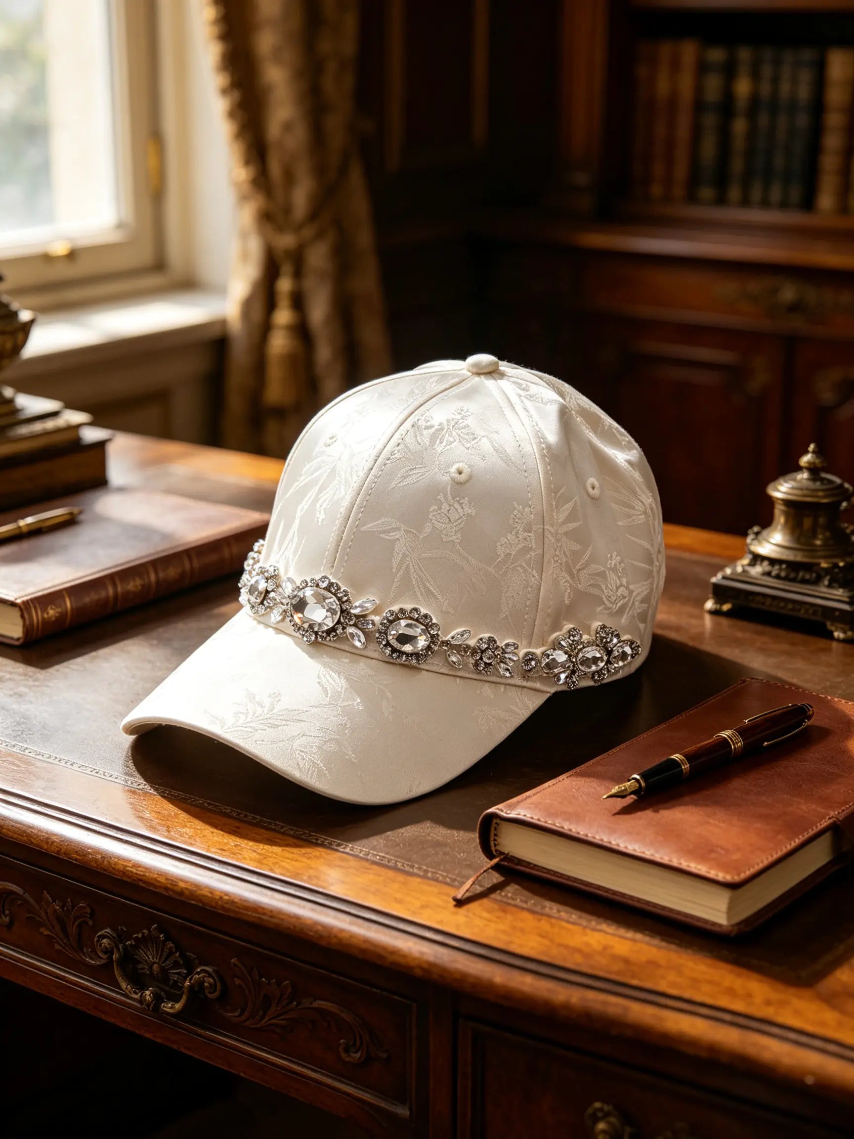 A white embroidered baseball cap with a decorative silver rhinestone band, resting on a polished wooden desk surrounded by vintage books and a pen. TCH Luxury Crystal Embellished Floral Jacquard Baseball Cap