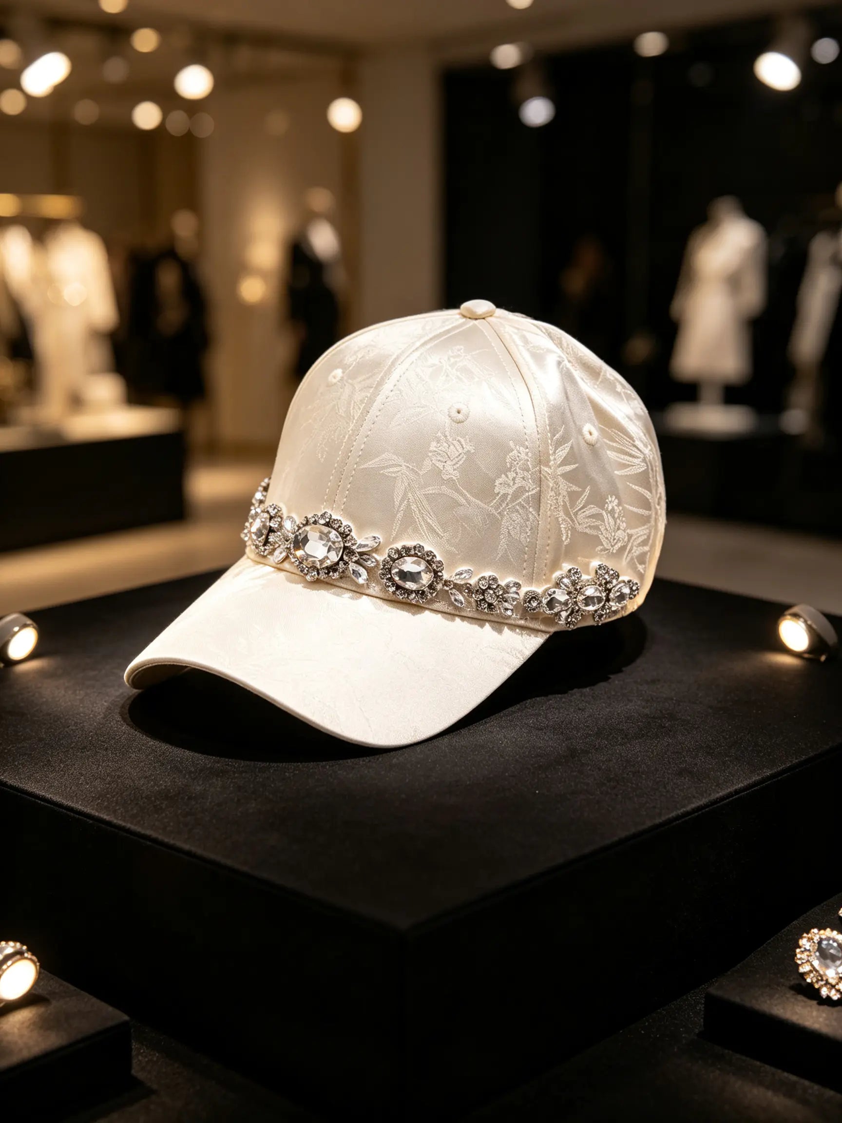 A white satin baseball cap with delicate floral embroidery and a sparkling silver rhinestone band, displayed on a black pedestal inside a luxury boutique. TCH Luxury Crystal Embellished Floral Jacquard Baseball Cap