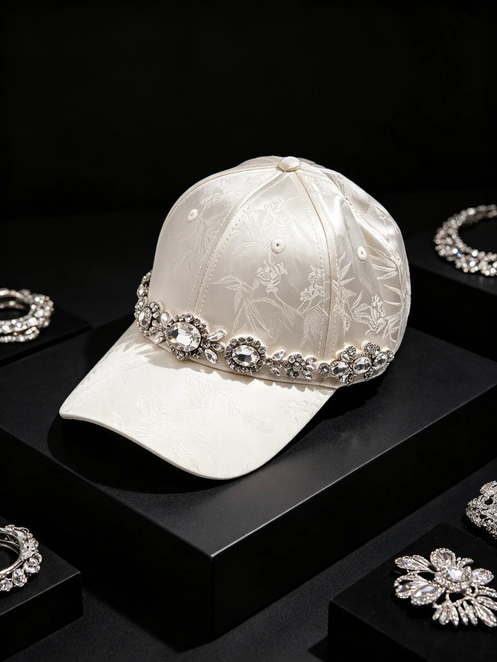 A structured white satin baseball cap with delicate floral embroidery and a sparkling silver rhinestone embellishment around the brim, displayed on a black pedestal with matching jewelry pieces around it. TCH Luxury Crystal Embellished Floral Jacquard Baseball Cap