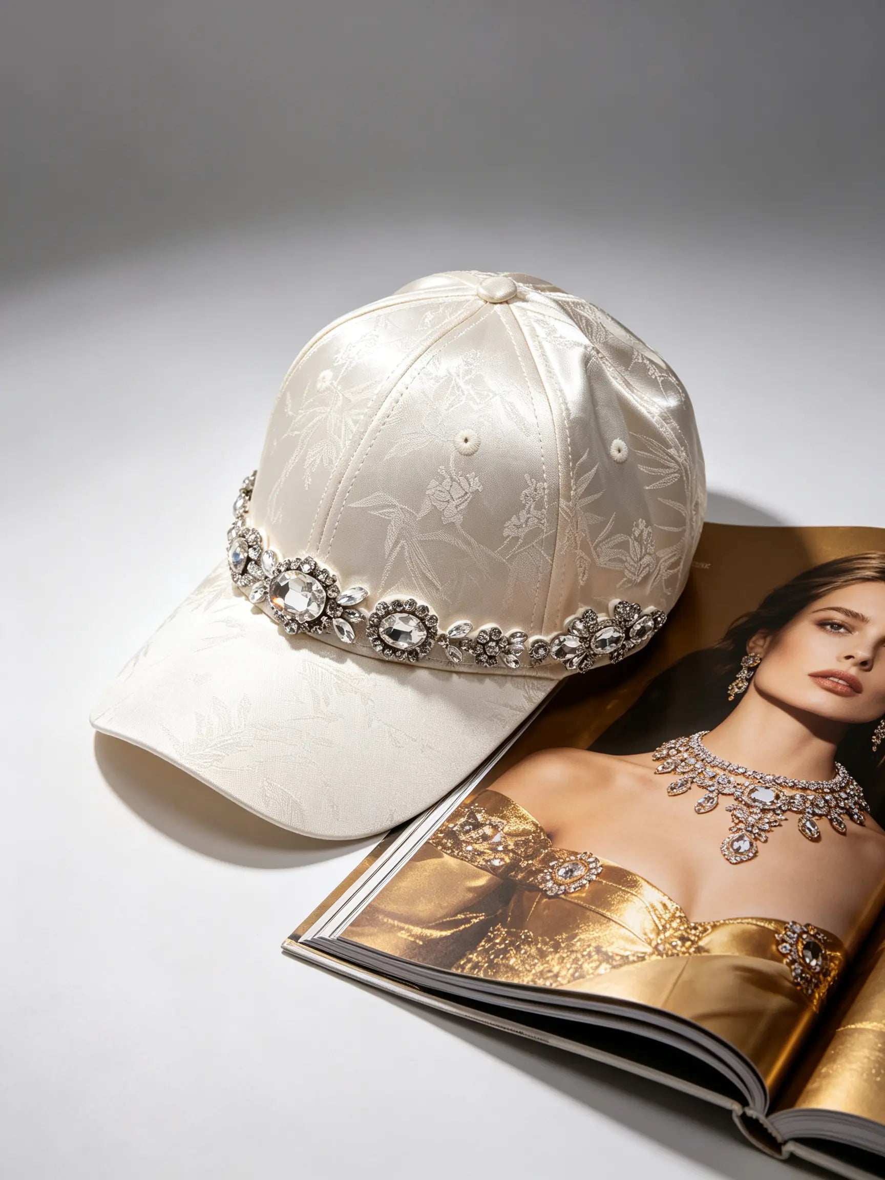 An ivory satin baseball cap with a floral jacquard pattern and a jeweled crystal band, styled next to an open magazine on a gray background. TCH Luxury Crystal Embellished Floral Jacquard Baseball Cap