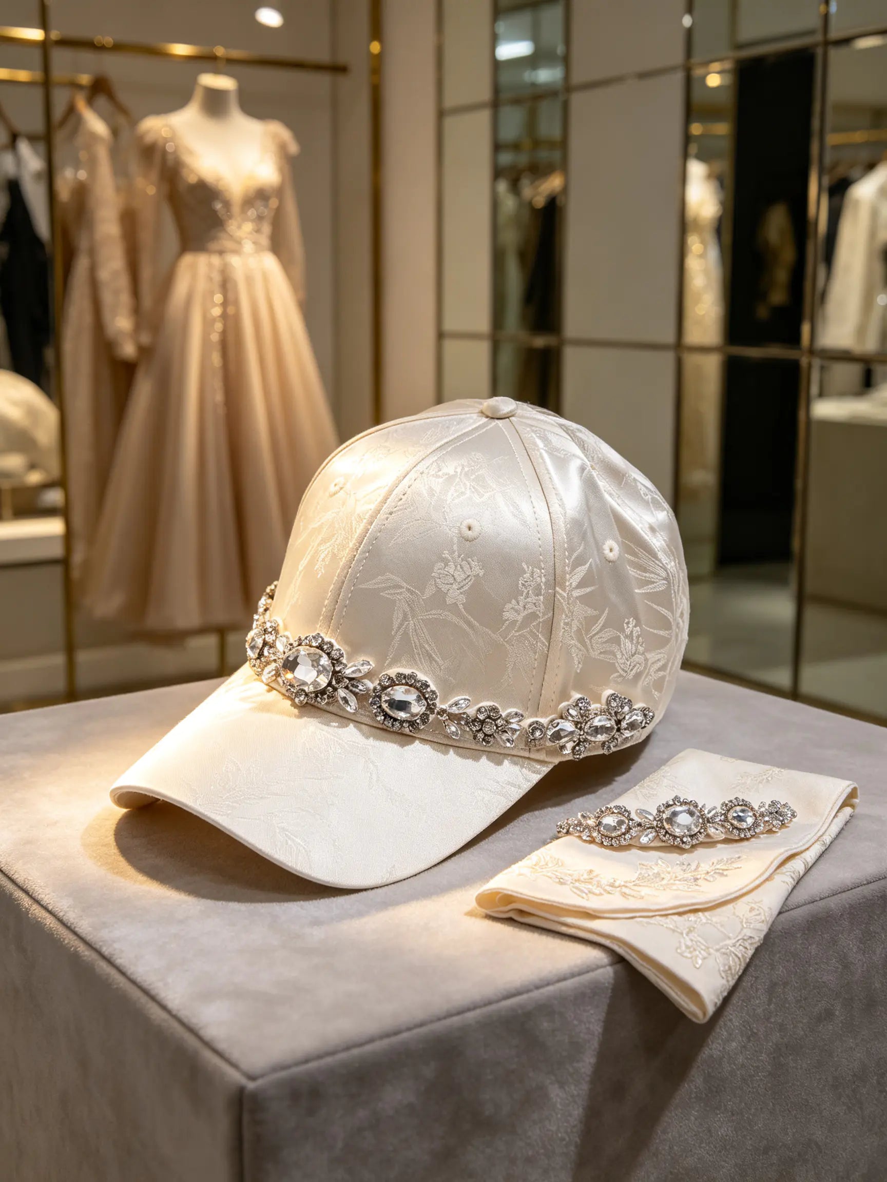 An ivory satin baseball cap with embroidered floral details and a sparkling rhinestone band, displayed on a gray velvet pedestal alongside a matching embroidered neck scarf in a luxury boutique. TCH Luxury Crystal Embellished Floral Jacquard Baseball Cap