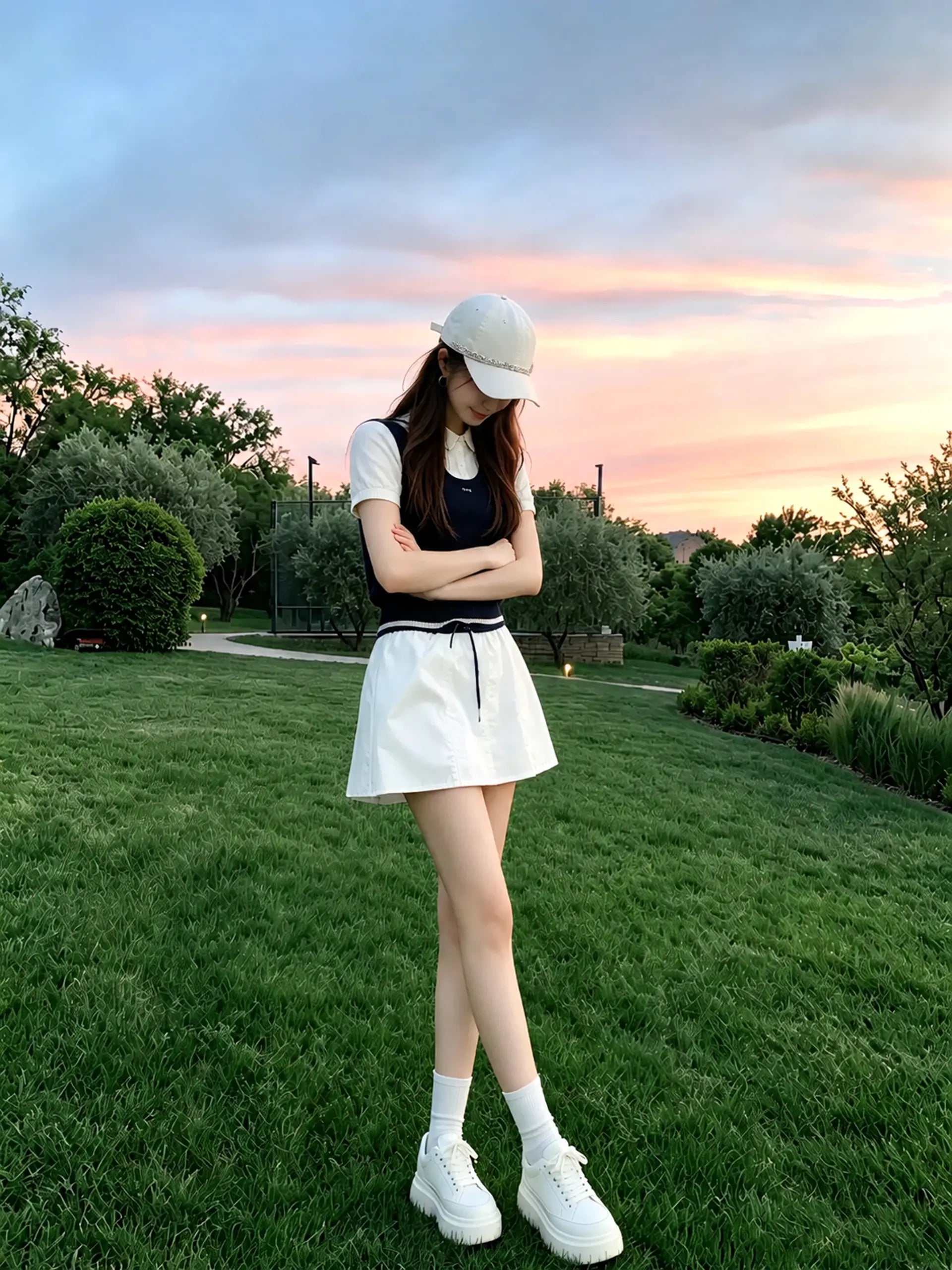 A woman stands on a grassy lawn at sunset wearing a white baseball cap, a white short-sleeve top with a navy sleeveless vest, a white mini skirt with a navy hem, white socks, and white sneakers. TCH Luxury Crystal Embellished Floral Jacquard Baseball Cap