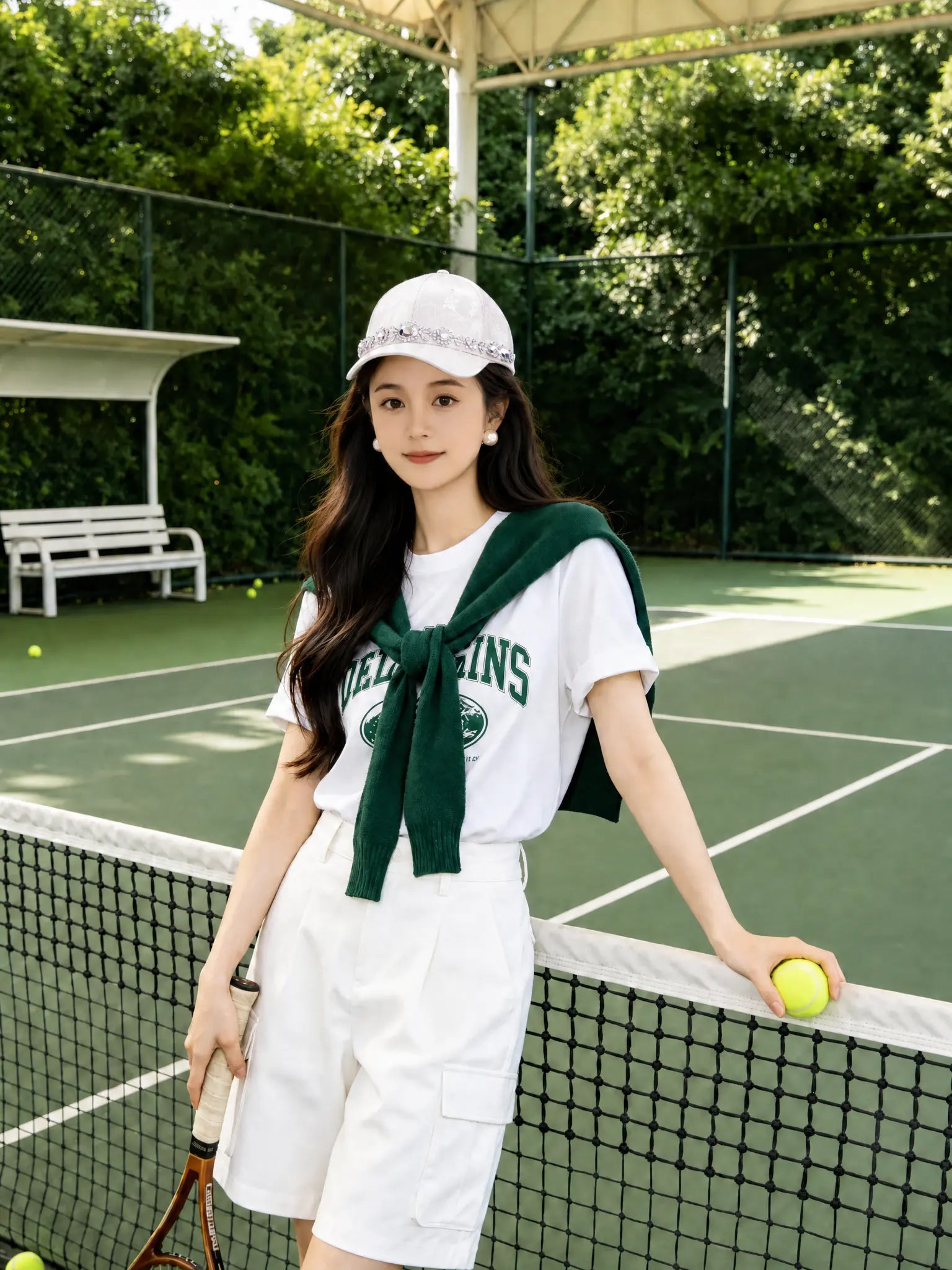 A woman stands on a tennis court wearing a white graphic T-shirt with green lettering, white shorts, a white cap, and a dark green knit sweater tied around her shoulders. She holds a tennis racket and a tennis ball. TCH Luxury Crystal Embellished Floral Jacquard Baseball Cap