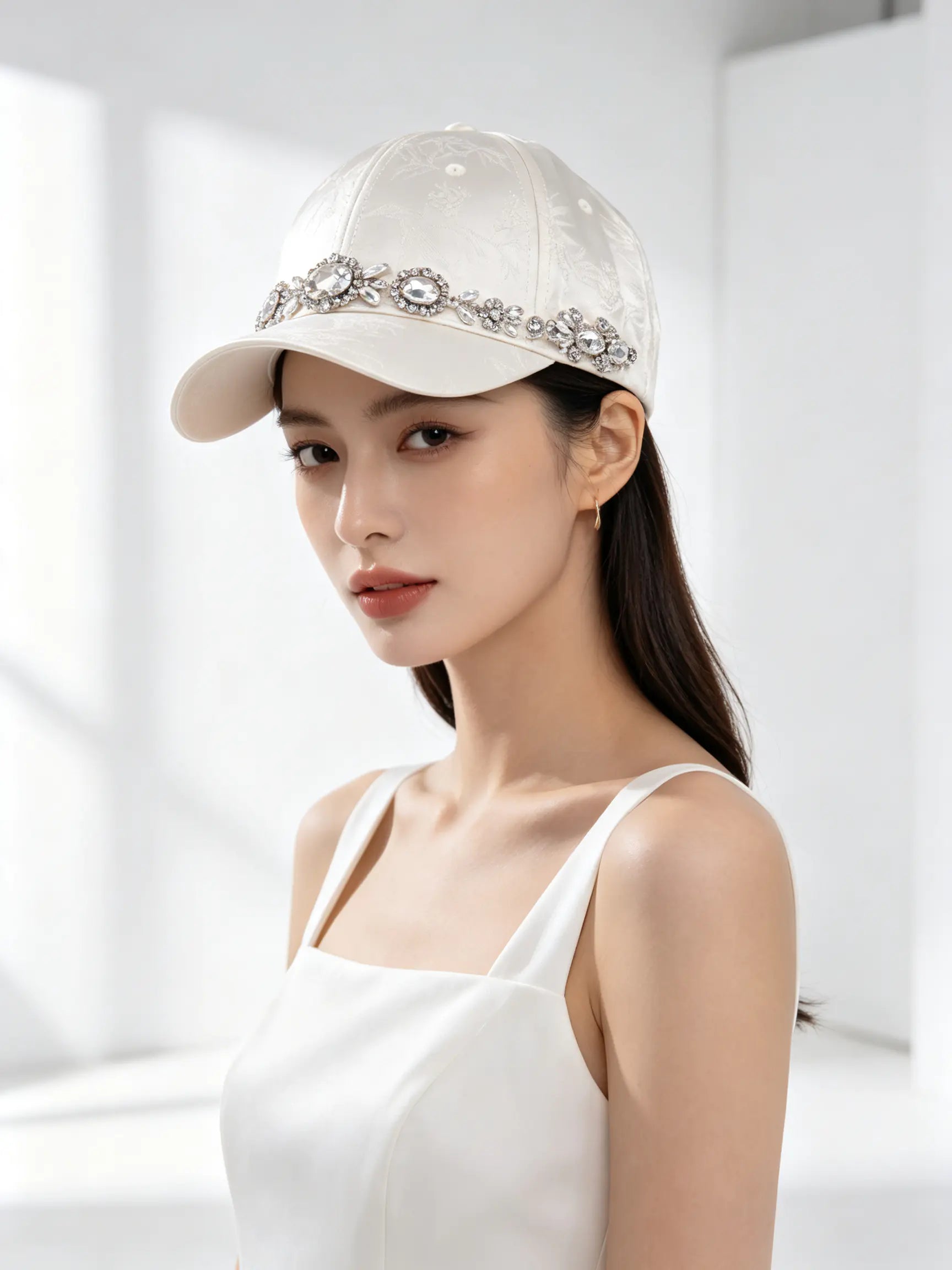 A woman wearing a white baseball cap adorned with sparkling rhinestone embellishments across the front, paired with a white sleeveless top in a bright, minimalist white interior. TCH Luxury Crystal Embellished Floral Jacquard Baseball Cap