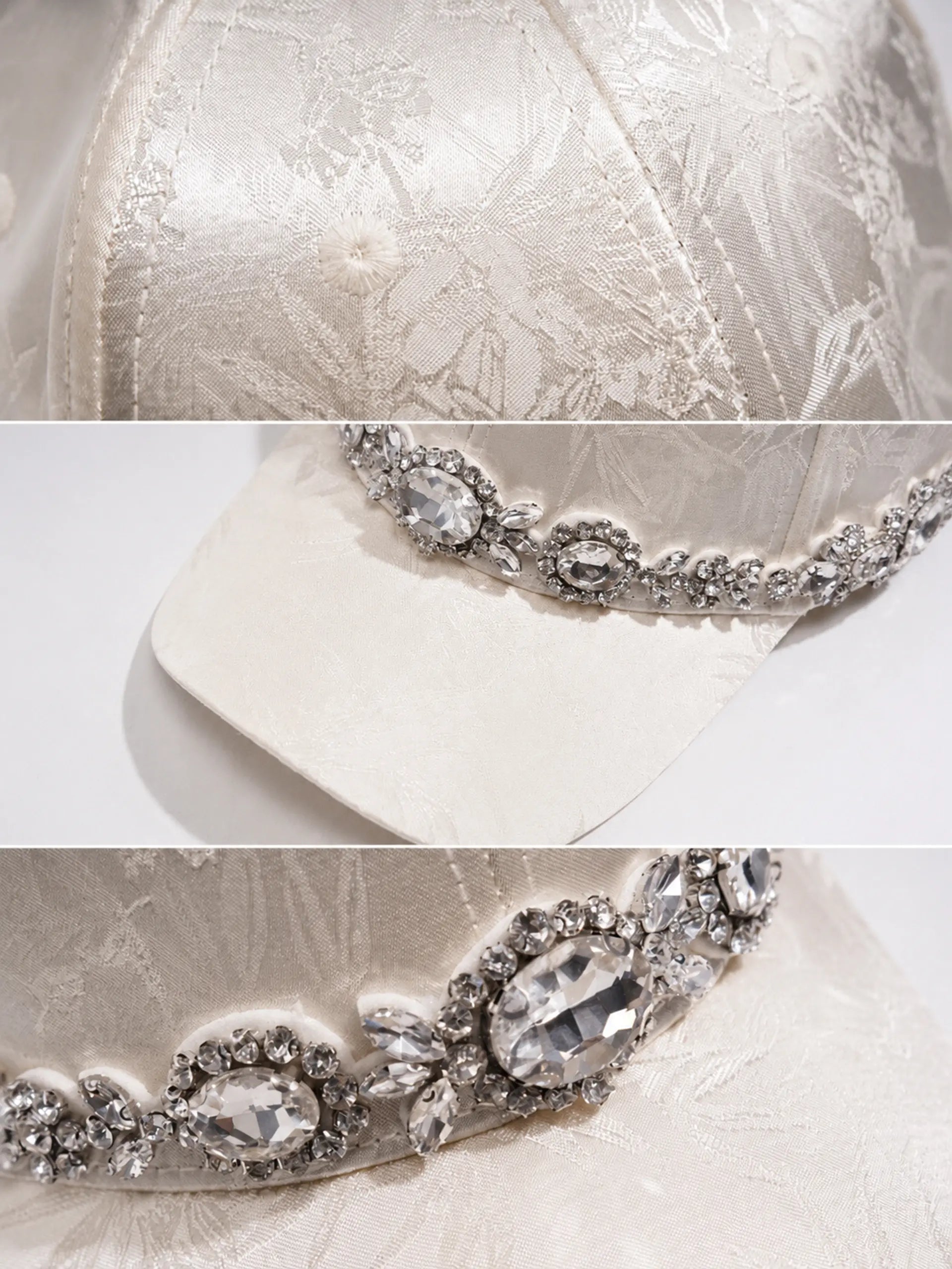 Close-up of a white satin baseball cap with floral lace detailing and a silver rhinestone crown band, shown in three detail panels. TCH Luxury Crystal Embellished Floral Jacquard Baseball Cap