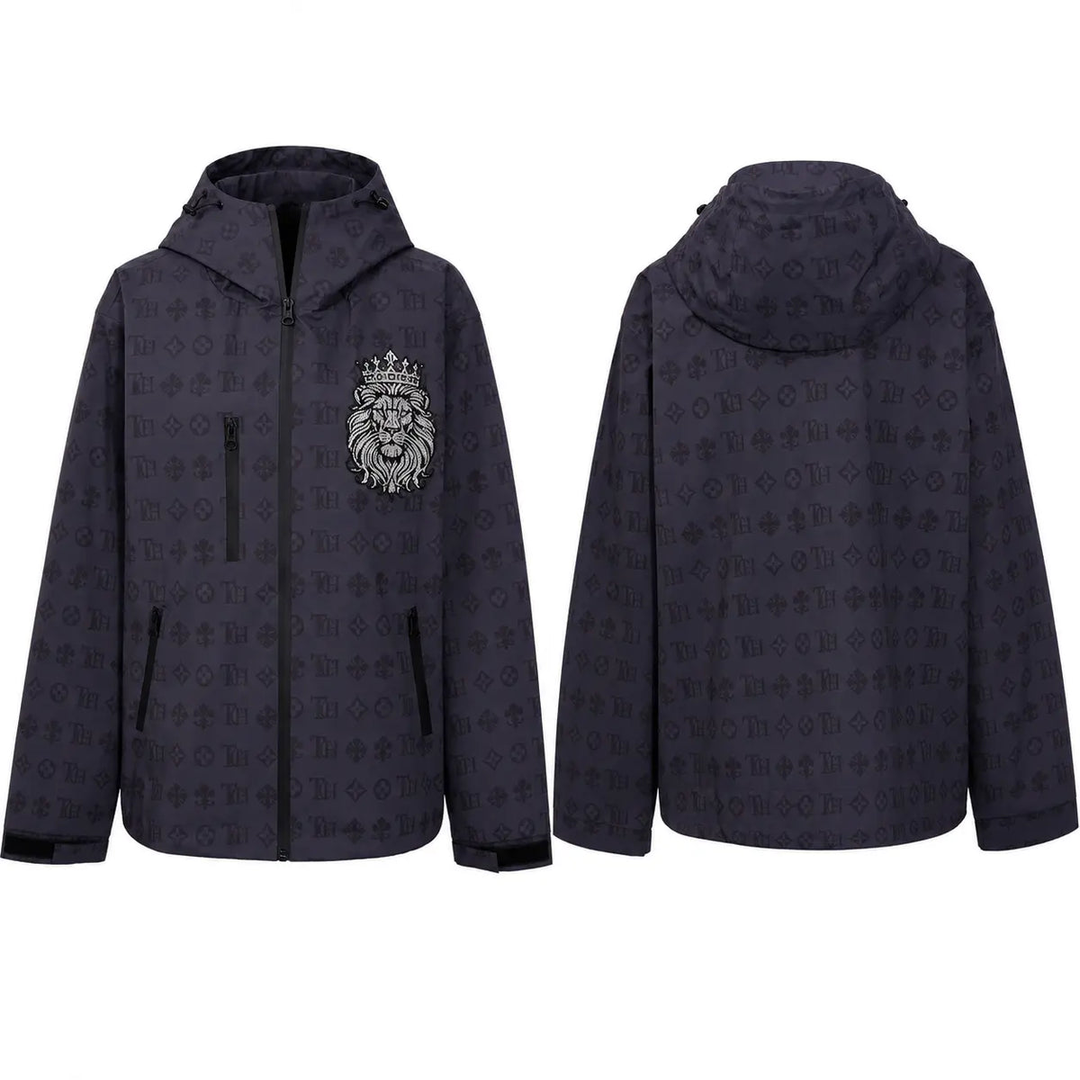 Front and back views of a dark navy hooded jacket featuring an all-over tonal monogram pattern, a central zipper, zippered hand pockets, and a silver-toned lion crest with crown on the left chest. TCH Luxury Monogram Hooded Windbreaker Jacket