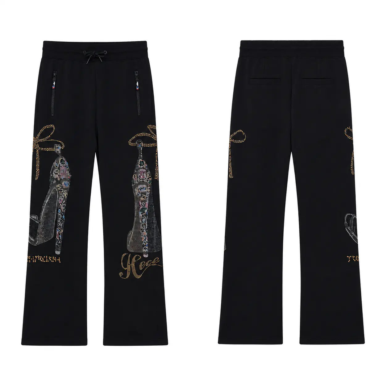 Black wide-leg sweatpants shown from both front and back views. The front features decorative embellishments on the left leg depicting a high-heeled shoe and the word 'Christian', while the back shows matching decorative prints. TCH Luxury Rhinestone High Heel Graphic Black Sweatpants