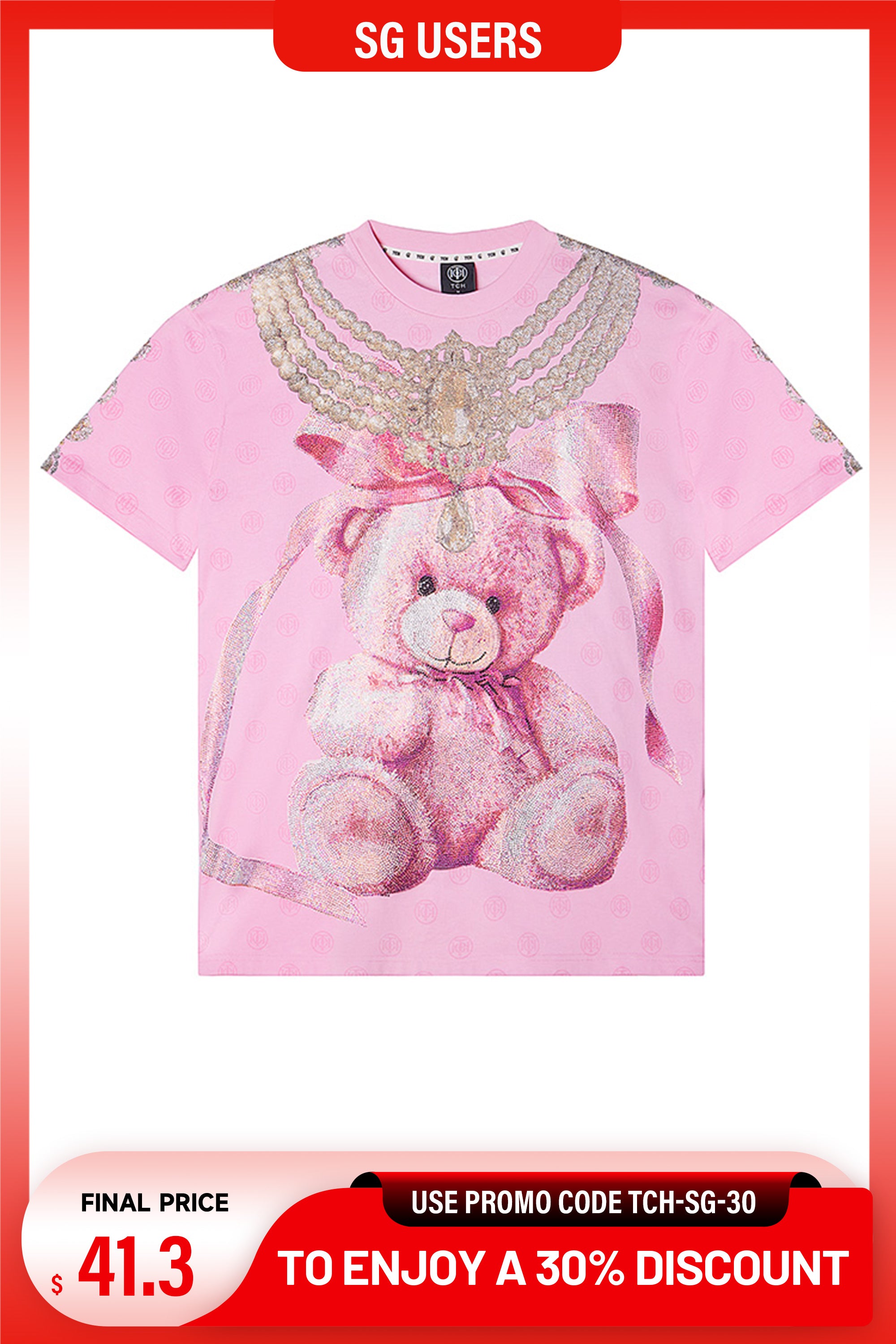 Pink t-shirt with teddy bear design and decorative elements on a white background, TCH Luxury Rhinestone Pear Teddy Dear Shiny T-Shirt