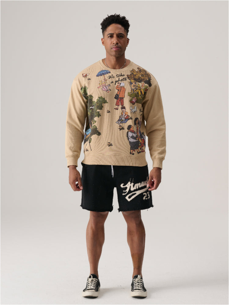 tch men's cartoon person printed o-neck sweatshirt khaki HighEnd Luxury Streetwear Brand Official Showcase