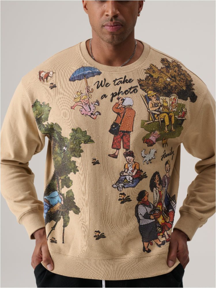tch men's cartoon person printed o-neck sweatshirt khaki HighEnd Luxury Streetwear Brand Official Showcase