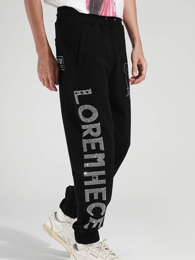 tch men's letter rhinestone elastic waist jogger pants black HighEnd Luxury Streetwear Brand Official Showcase