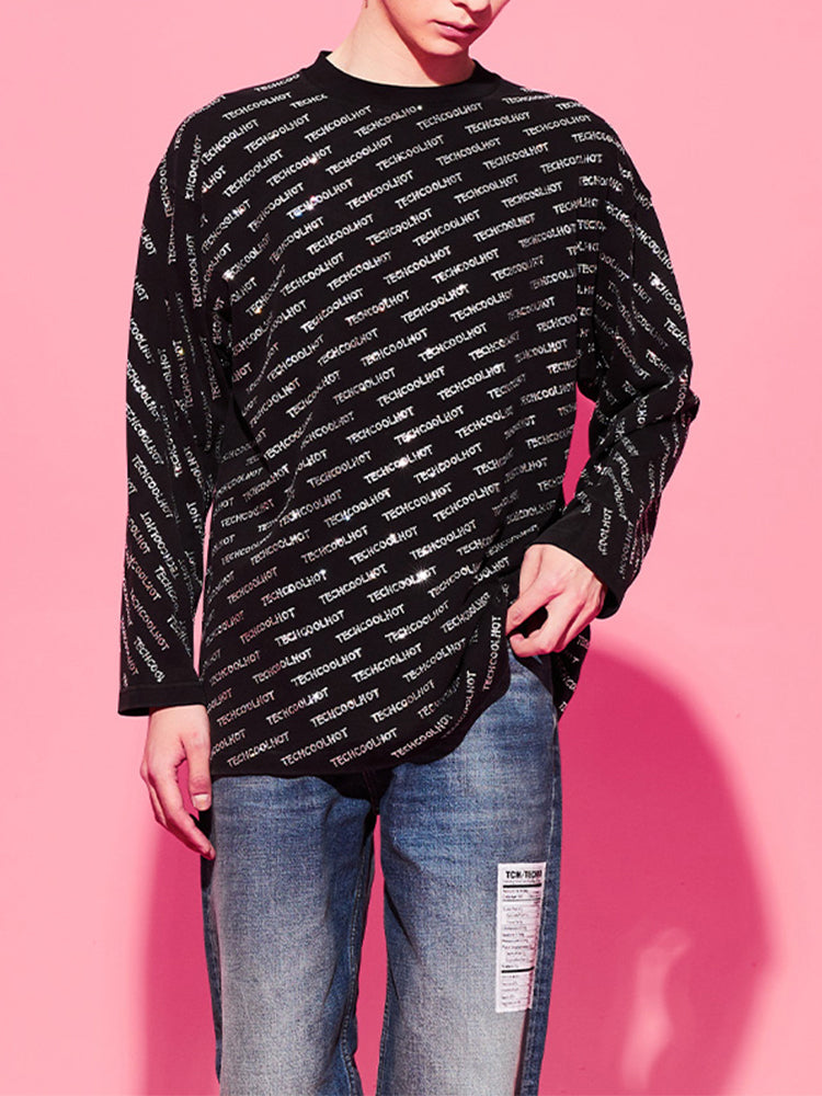 tch men's letter rhinestone long sleeve top black HighEnd Luxury Streetwear Brand Official Showcase