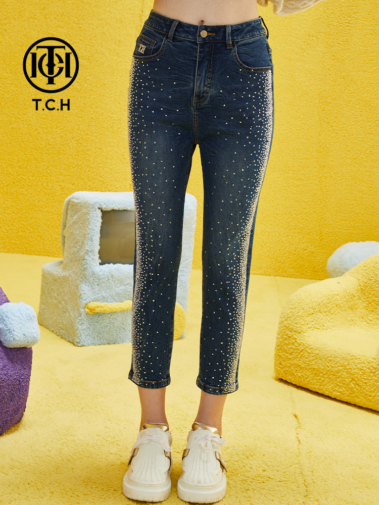 tch mid-rise rhinestone slim fit capris blue HighEnd Luxury Streetwear Brand Official Showcase