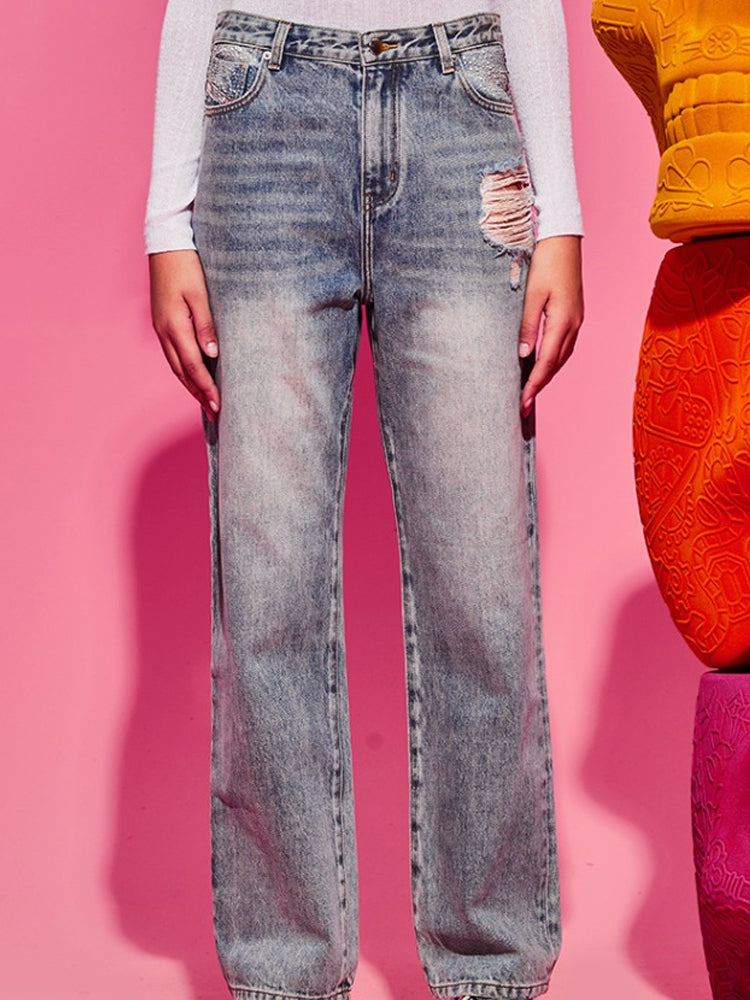 tch mid-rise rhinestone straight denim jean blue HighEnd Luxury Streetwear Brand Official Showcase