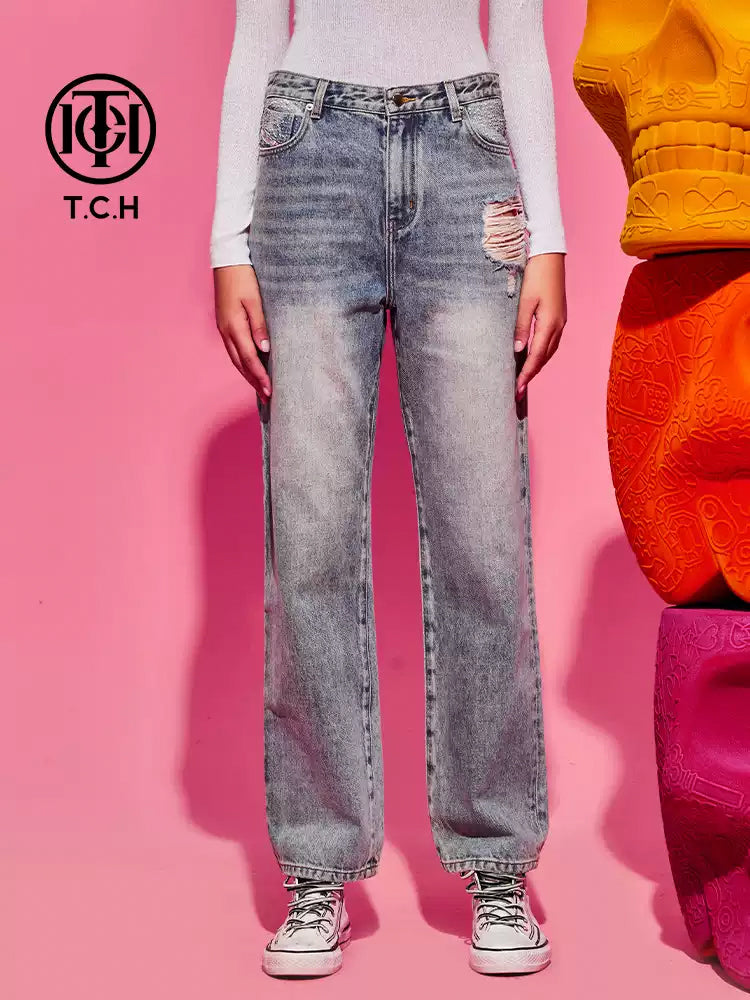 tch mid-rise rhinestone straight denim jean blue HighEnd Luxury Streetwear Brand Official Showcase