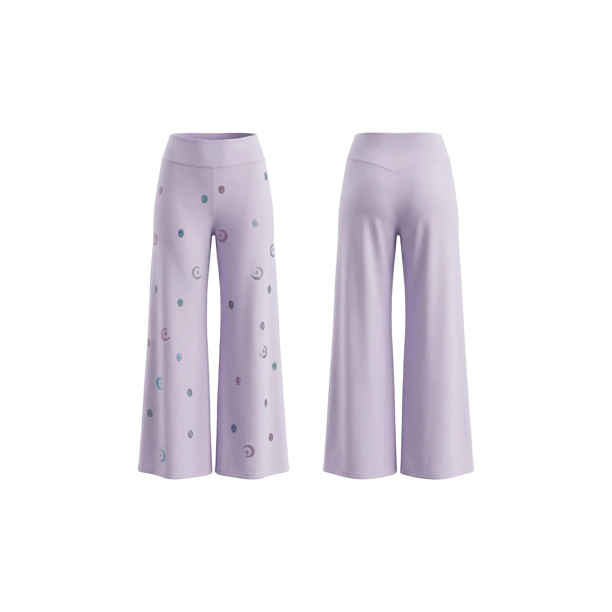 Pair of light purple pants with colorful patterns on a white background, TCH Moonlight Rhinestone Wide-Leg Pants