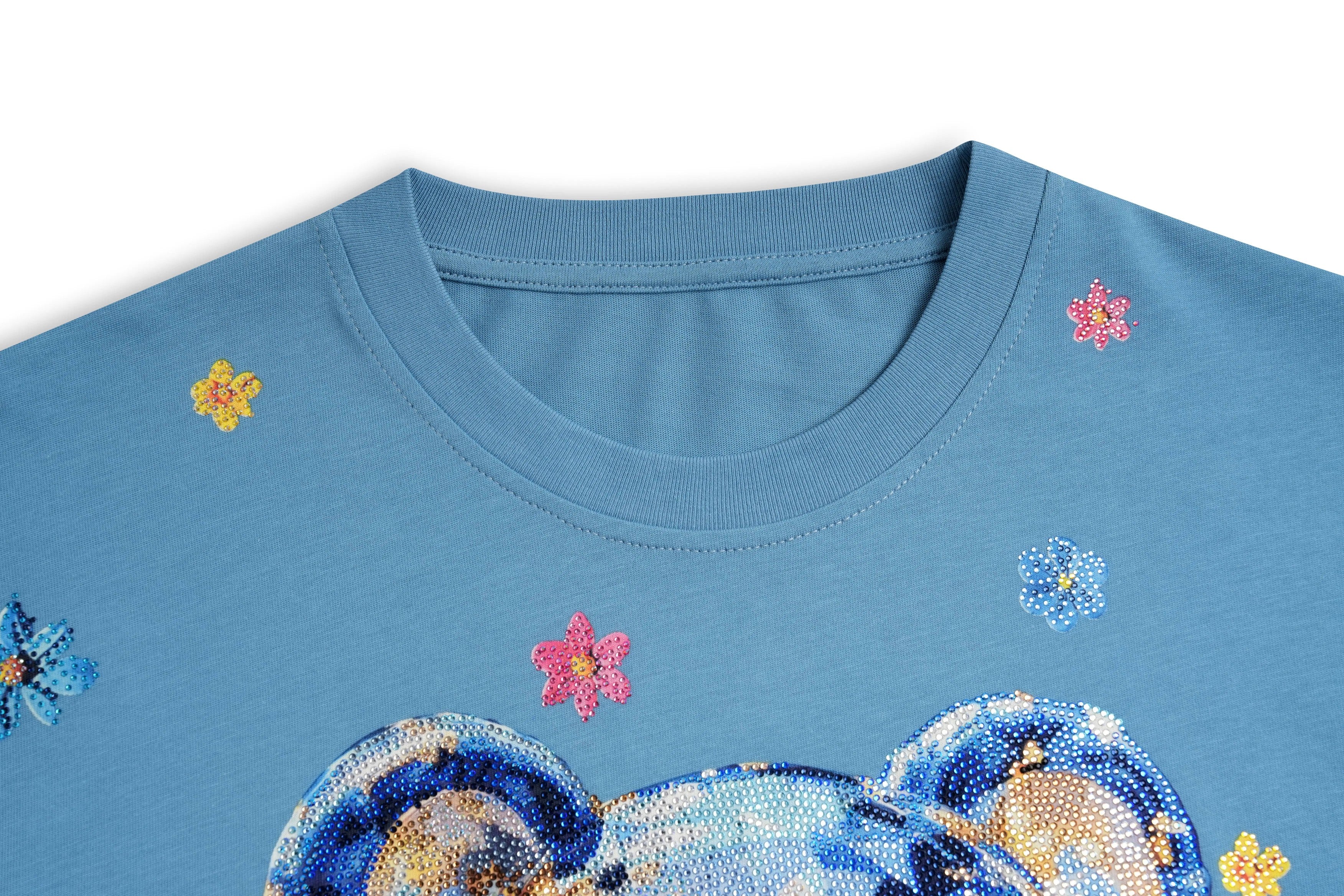Blue shirt with decorative flowers and patterns on a white background, TCH My Baby Rhinestone Bear Oversized Blue T-Shirt