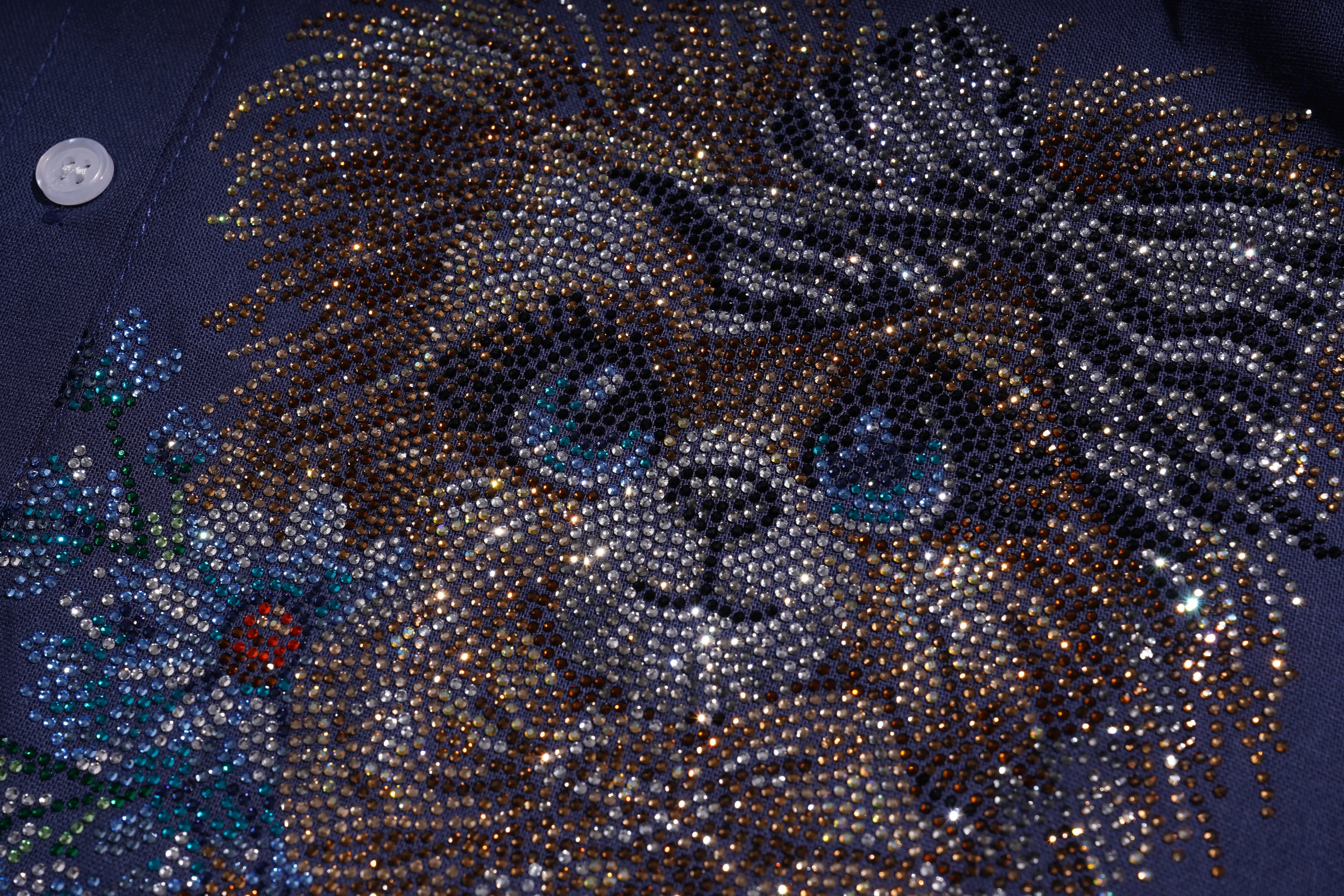Close-up of a lion face made from rhinestones on a dark background, TCH Navy Rhinestone Dog Matching Set