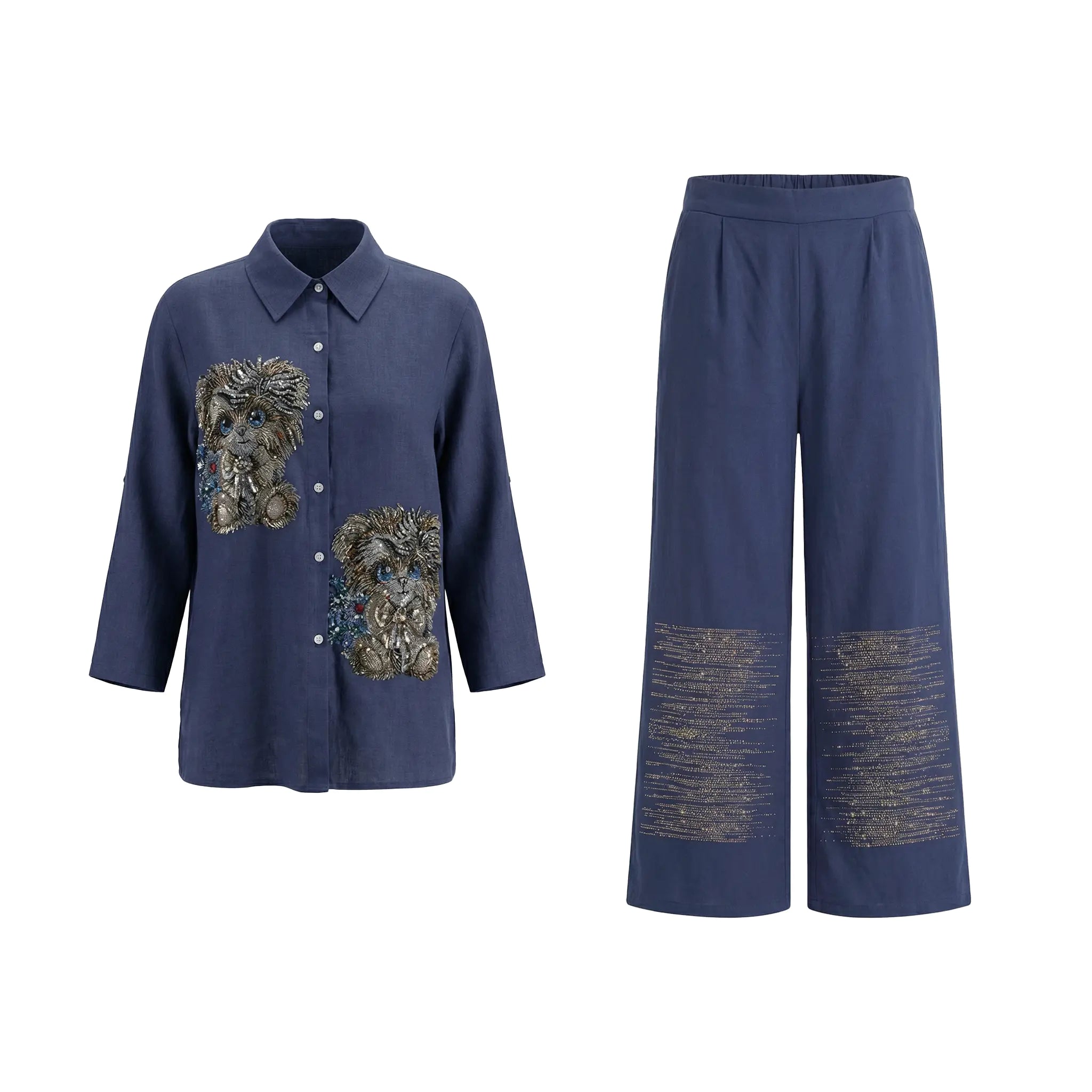 Navy blue shirt with embroidered dog designs and matching pants on a white background, TCH Navy Rhinestone Dog Matching Set